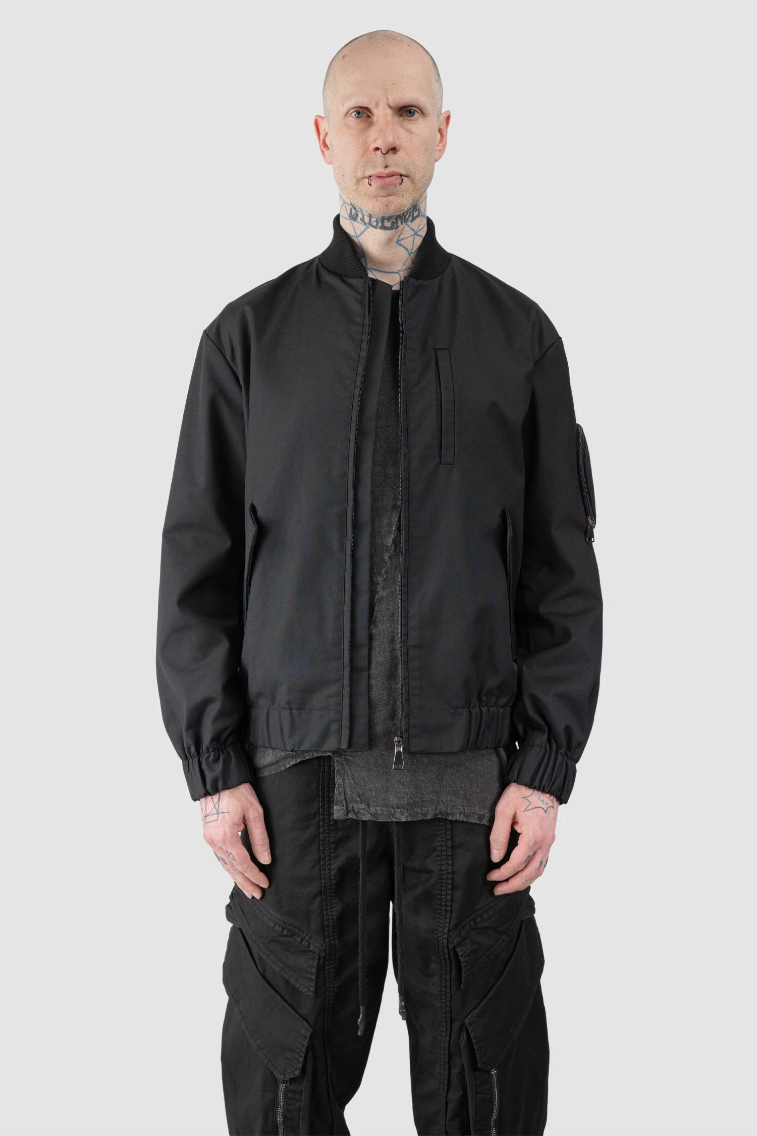 La Haine Inside Us - Men’s Black Cotton Blend Tech Bomber Jacket model open view