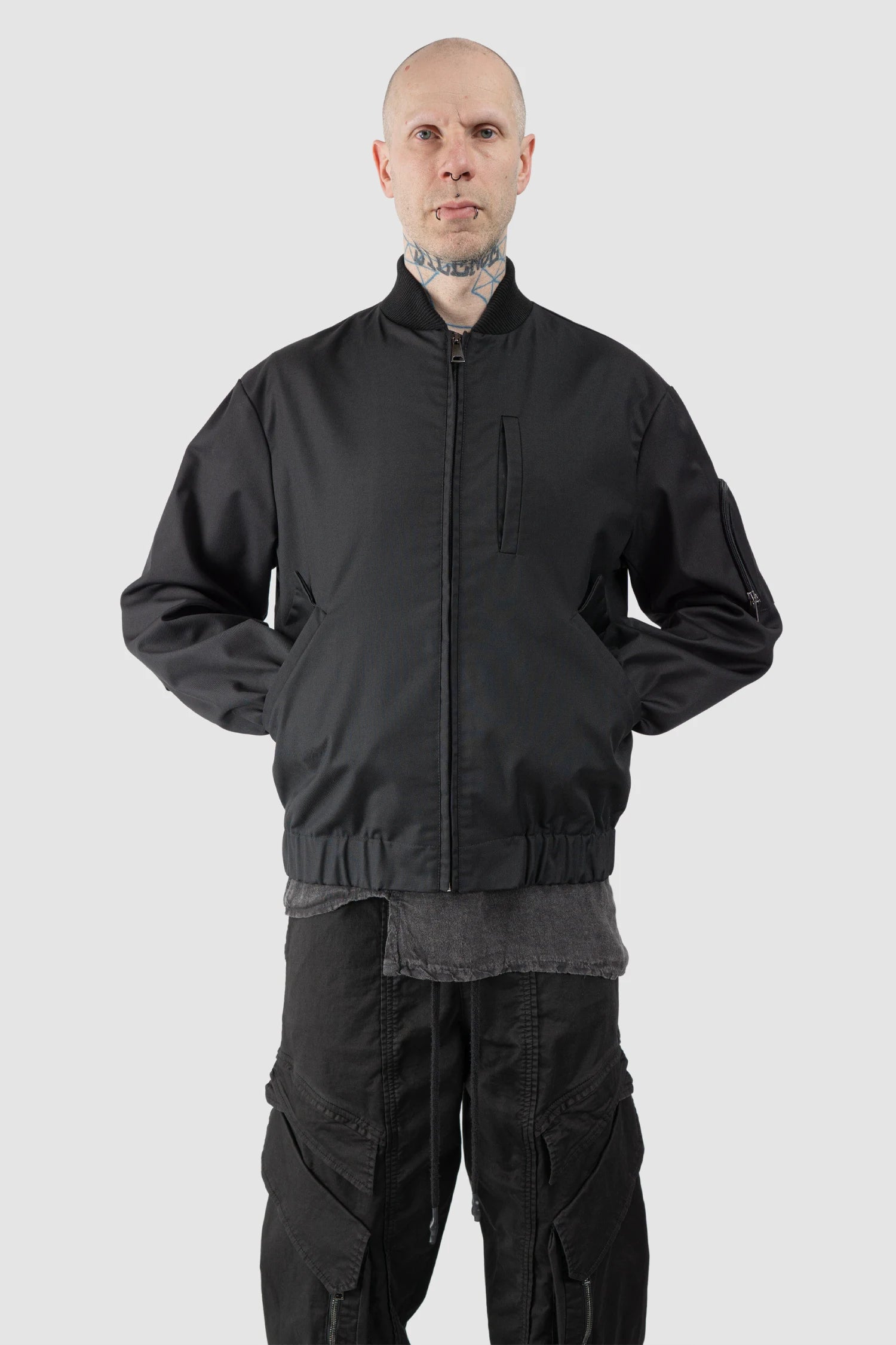 La Haine Inside Us - Men’s Black Cotton Blend Tech Bomber Jacket model relaxed view