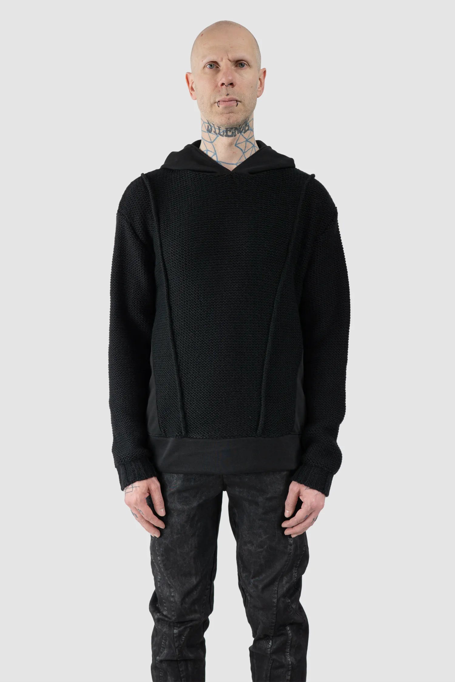 La Haine Inside Us - Men's Black Cotton & Wool Knit Hoodie - model front view - MONO-KROM | Gallery