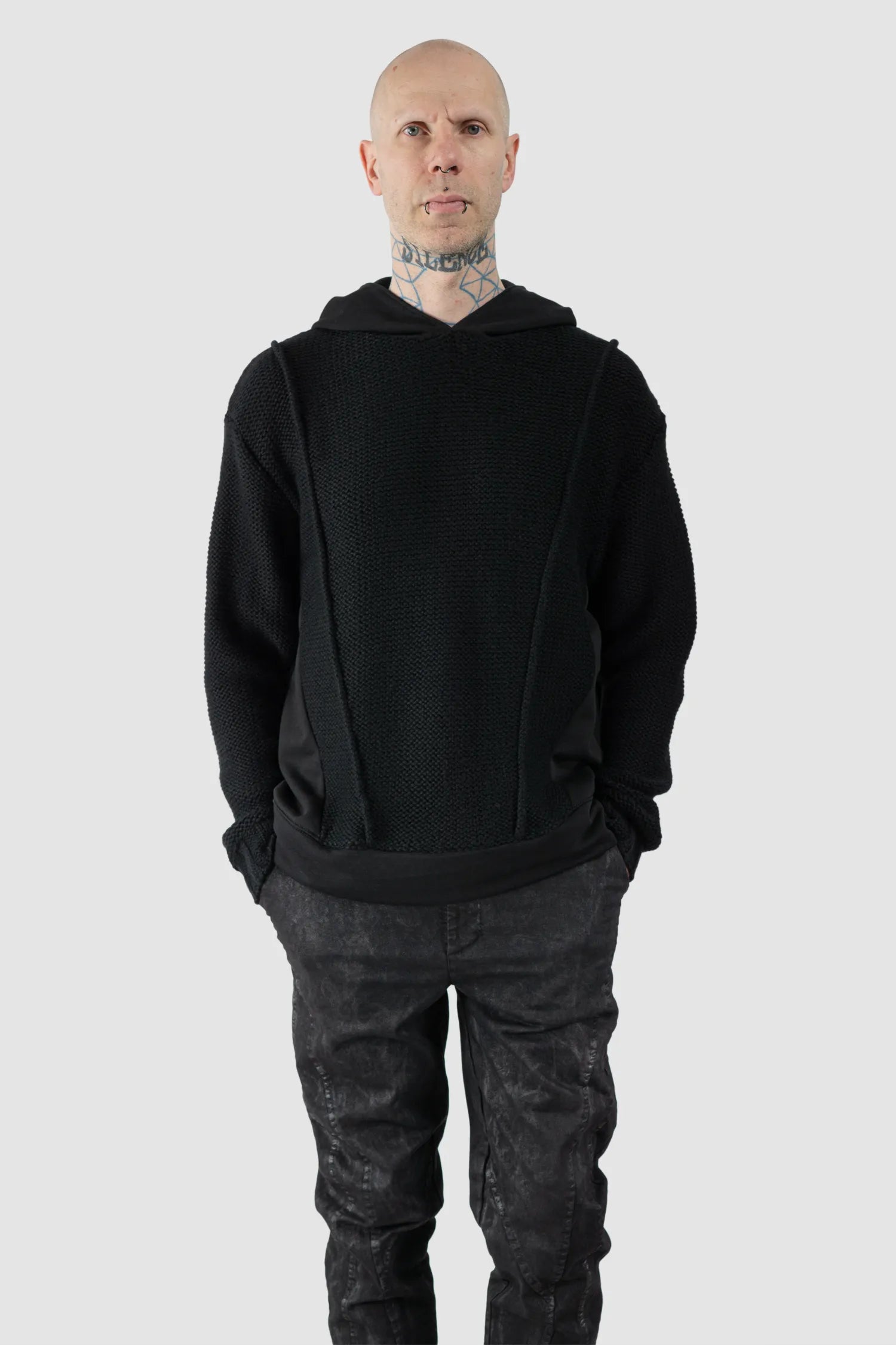 Black Cotton & Wool Knit Hoodie