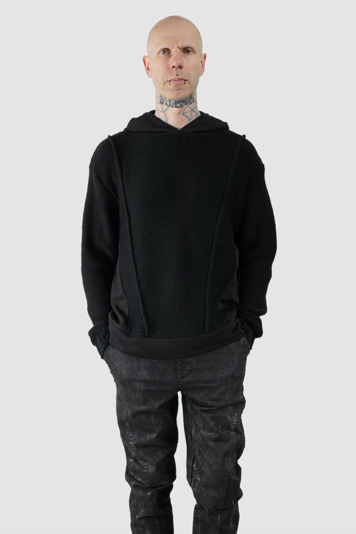 Black Cotton & Wool Knit Hoodie