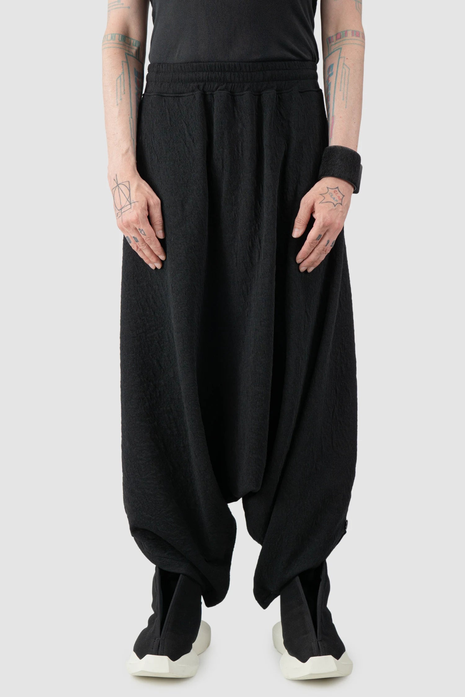 La Haine Inside Us - Men's Black Deep Crotch Cotton Trousers - model front view - MONO-KROM | Gallery