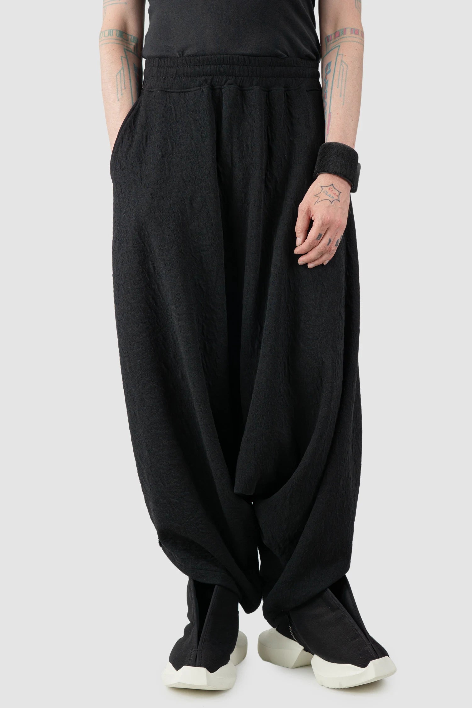 La Haine Inside Us - Men's Black Deep Crotch Cotton Trousers - model relaxed view