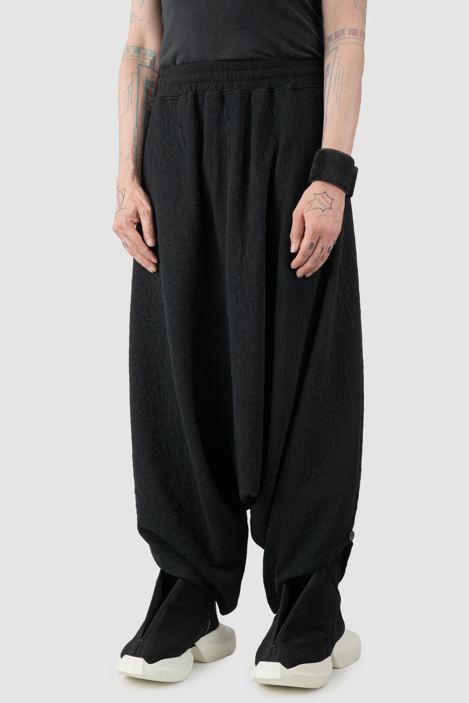 La Haine Inside Us - Men's Black Deep Crotch Cotton Trousers - model side view - MONO-KROM | Gallery