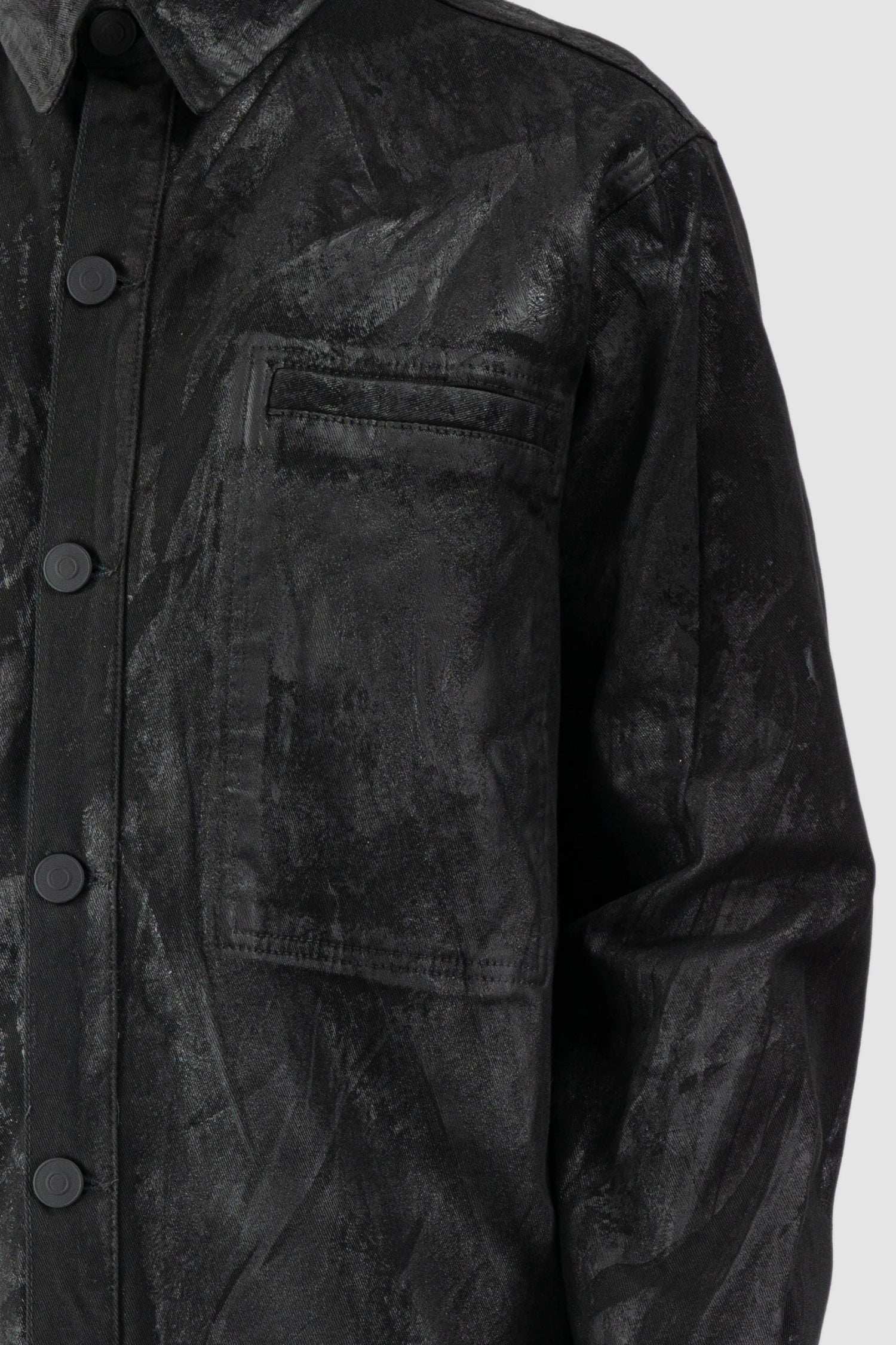 La Haine Inside Us - Men's Black Heavy Waxed Oversized Worker Denim Jacket - front pocket detail view