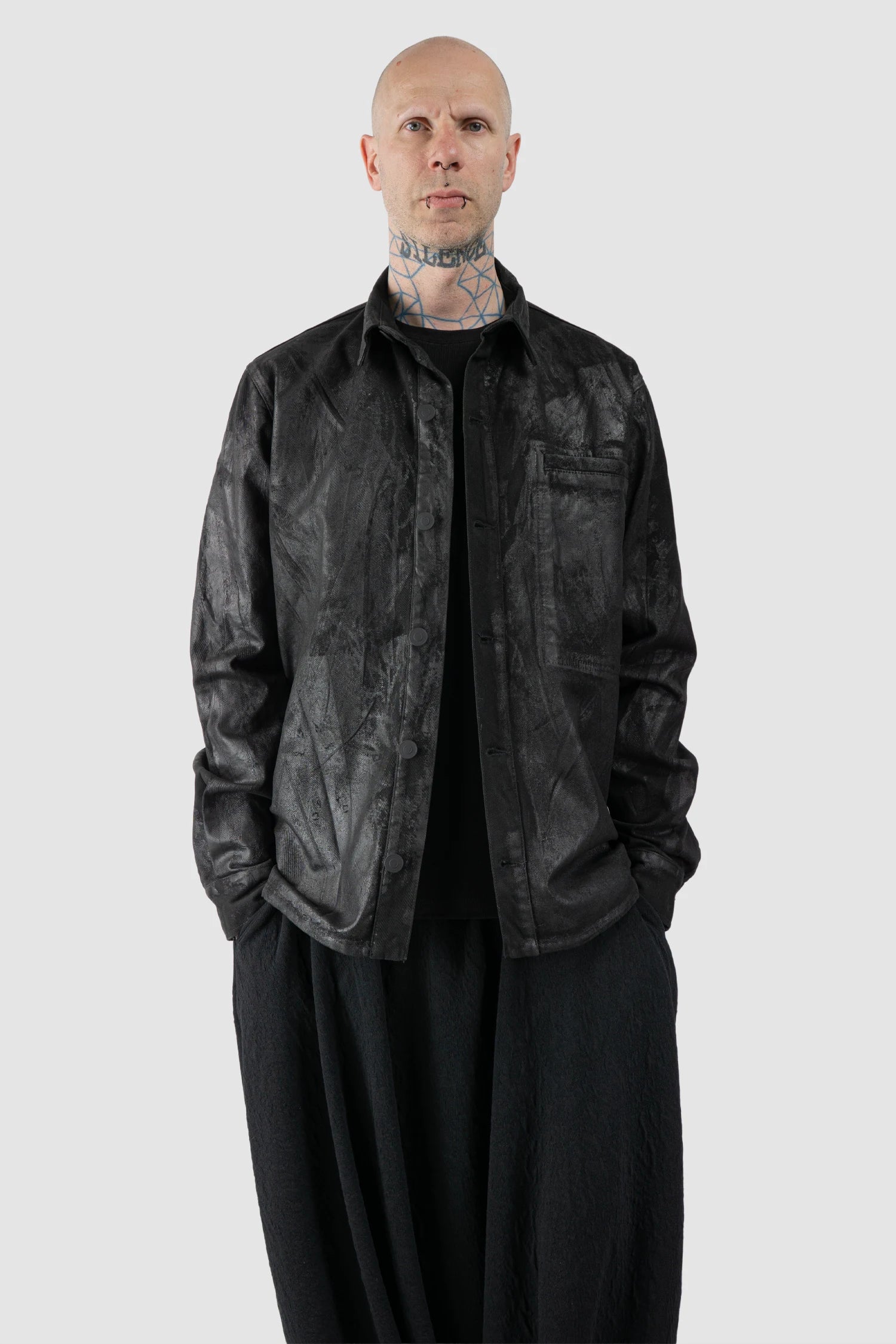La Haine Inside Us - Men's Black Heavy Waxed Oversized Worker Denim Jacket - model relaxed view