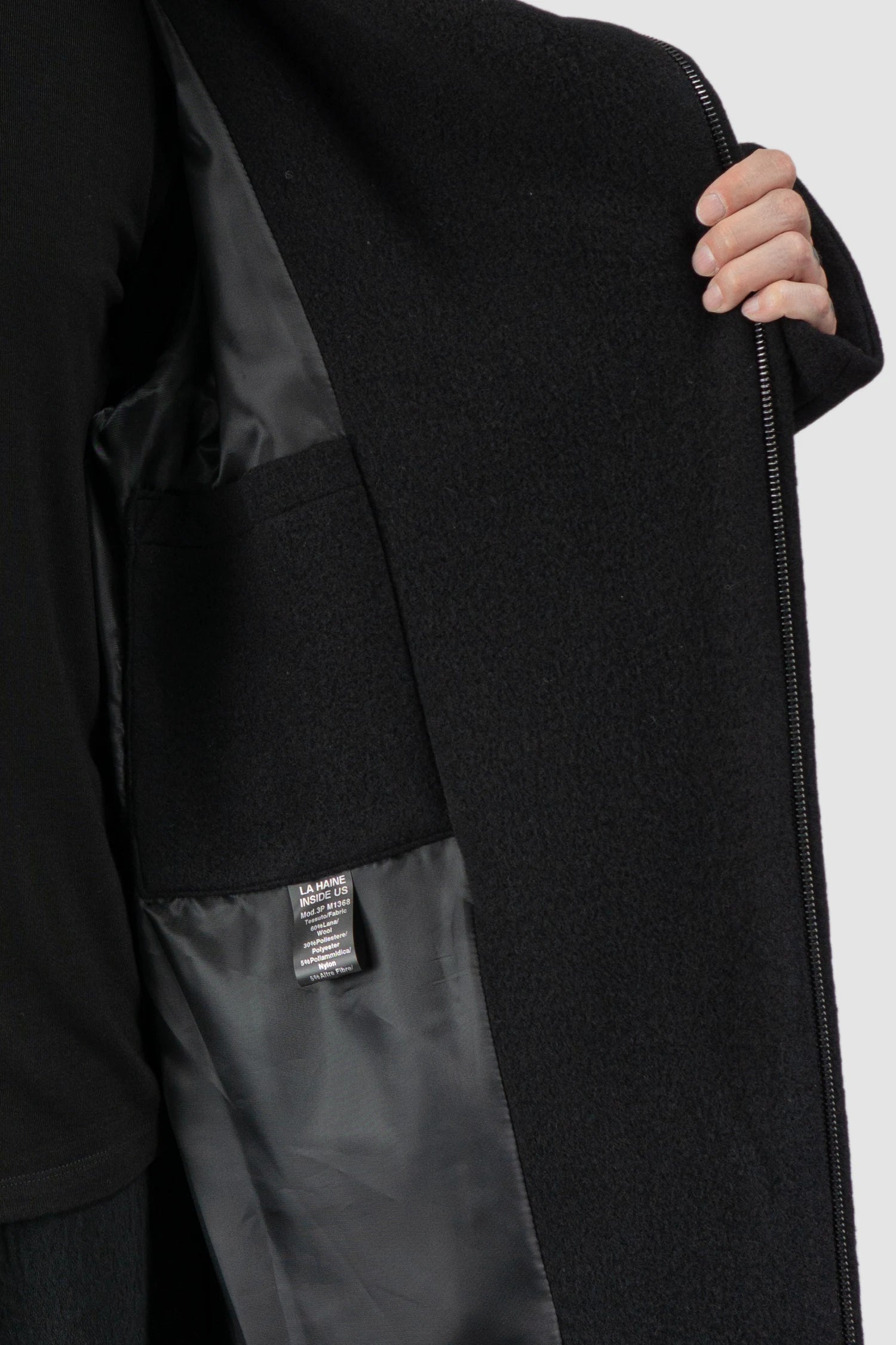 La Haine Inside Us - Men's Black High Neck Soft Wool Blend Coat - inner pocket detail view