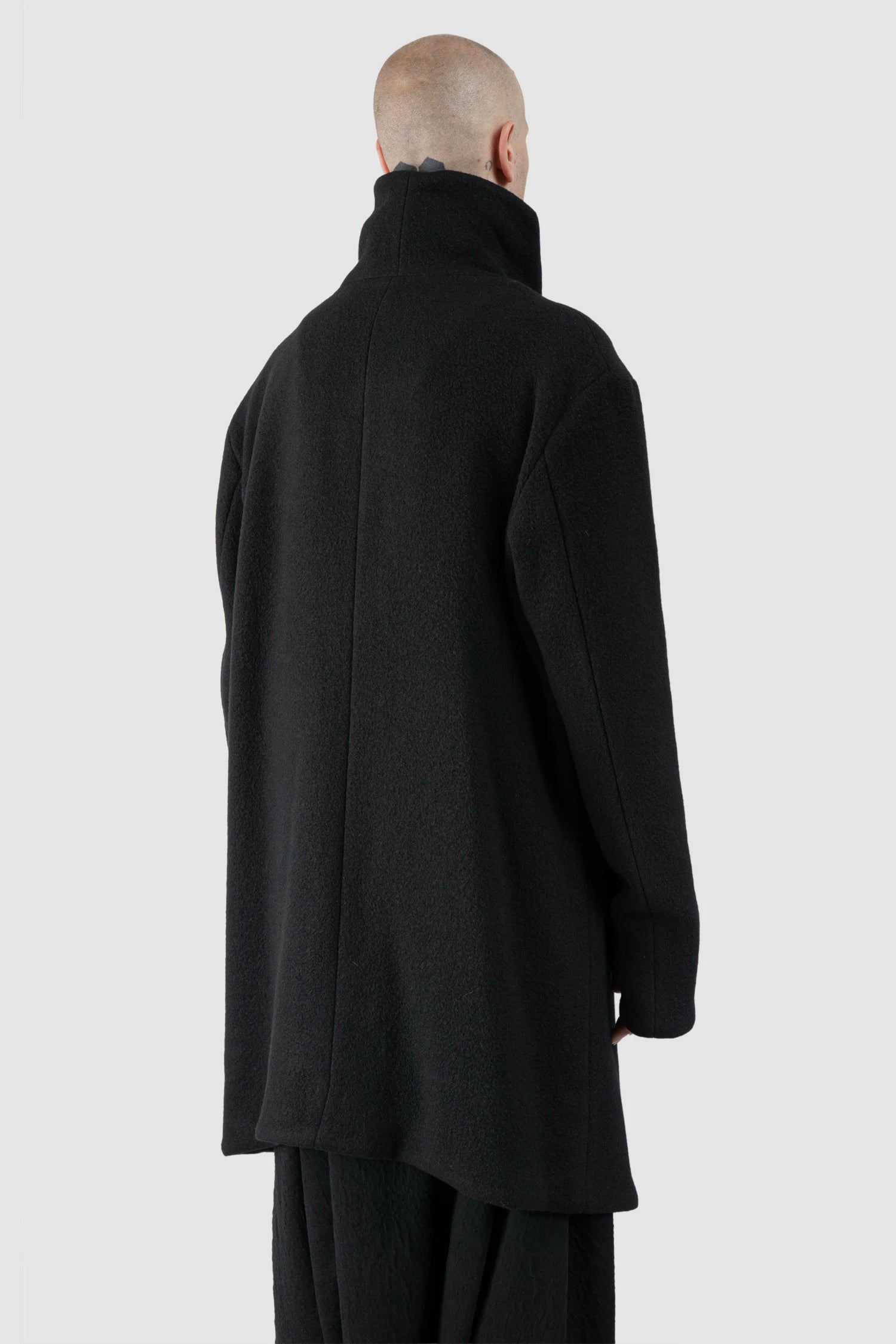 La Haine Inside Us - Men's Black High Neck Soft Wool Blend Coat - model back side view
