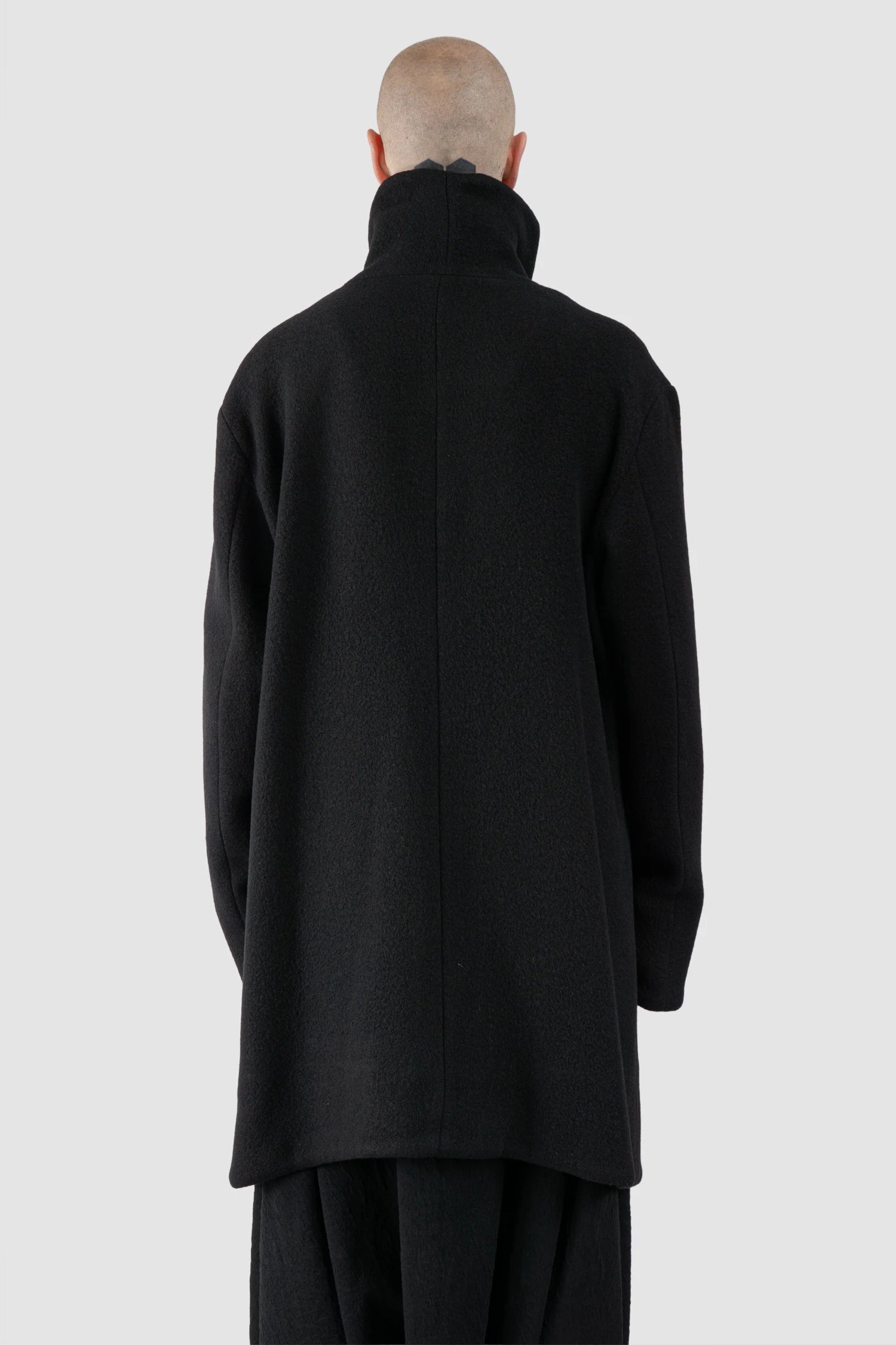La Haine Inside Us - Men's Black High Neck Soft Wool Blend Coat - model back view