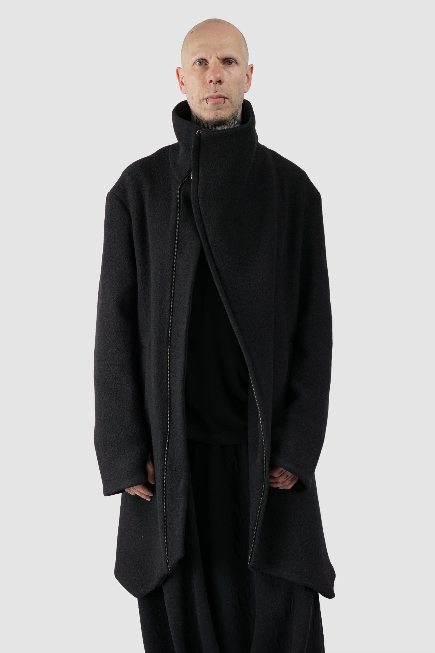 La Haine Inside Us - Men's Black High Neck Soft Wool Blend Coat - open zipper detail view