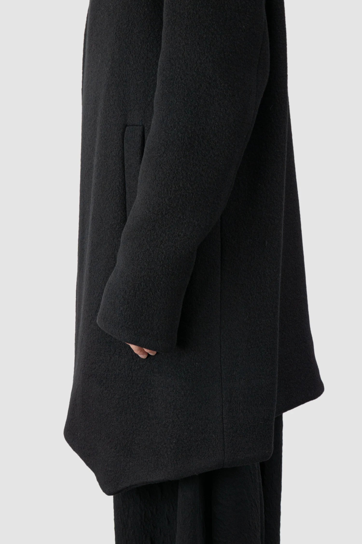 La Haine Inside Us - Men's Black High Neck Soft Wool Blend Coat - panel detail view