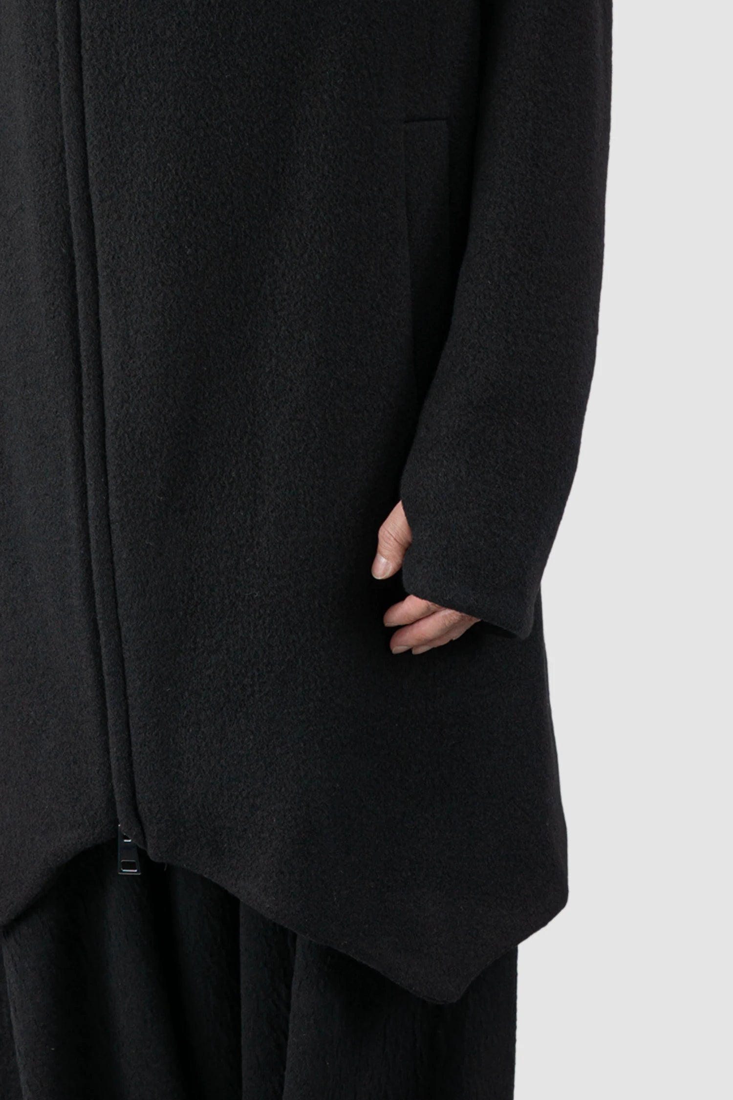La Haine Inside Us - Men's Black High Neck Soft Wool Blend Coat - thumbhole detail view