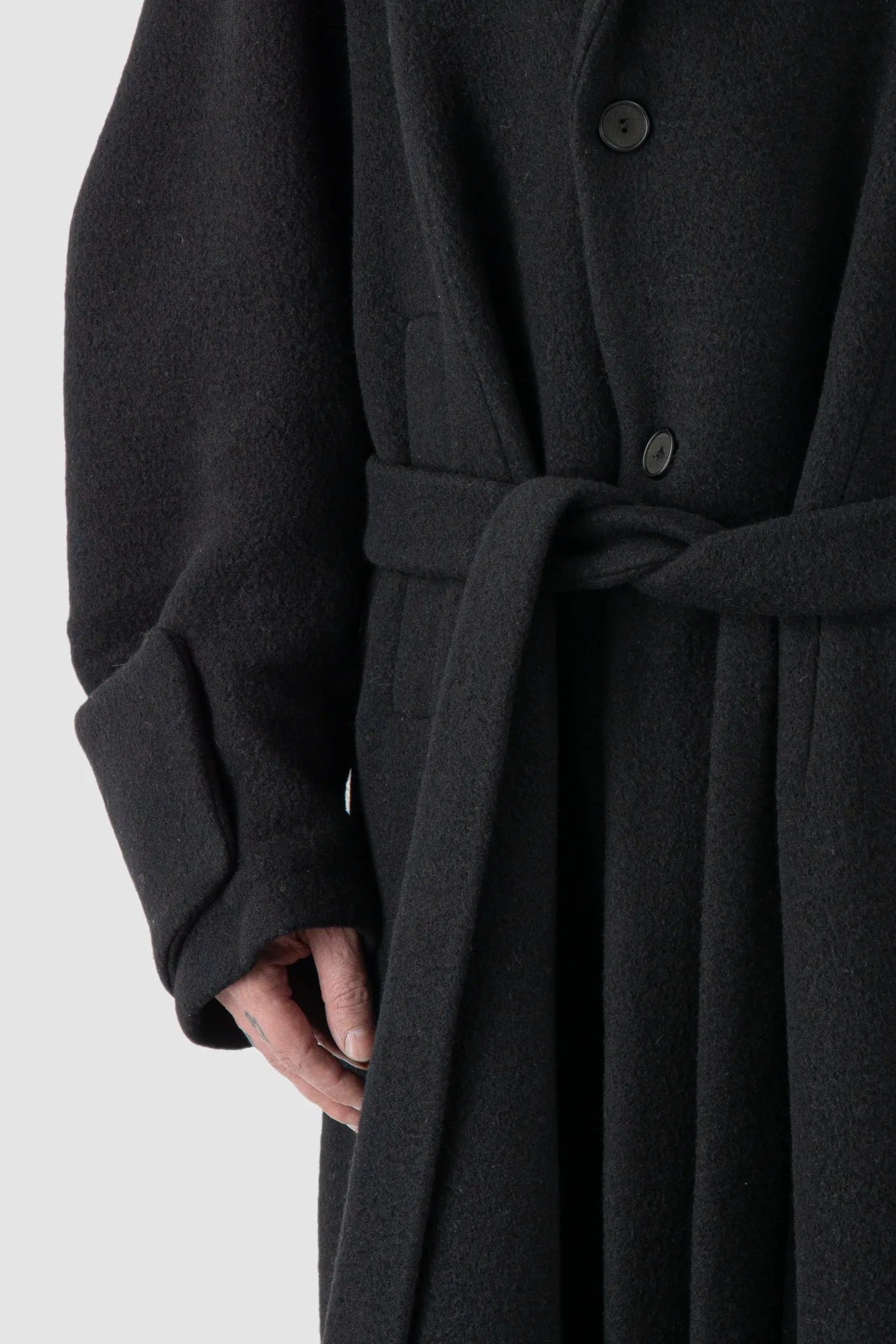 La Haine Inside Us - Men's Black Jumbo Soft Wool Blend Trench Coat - belt detail view