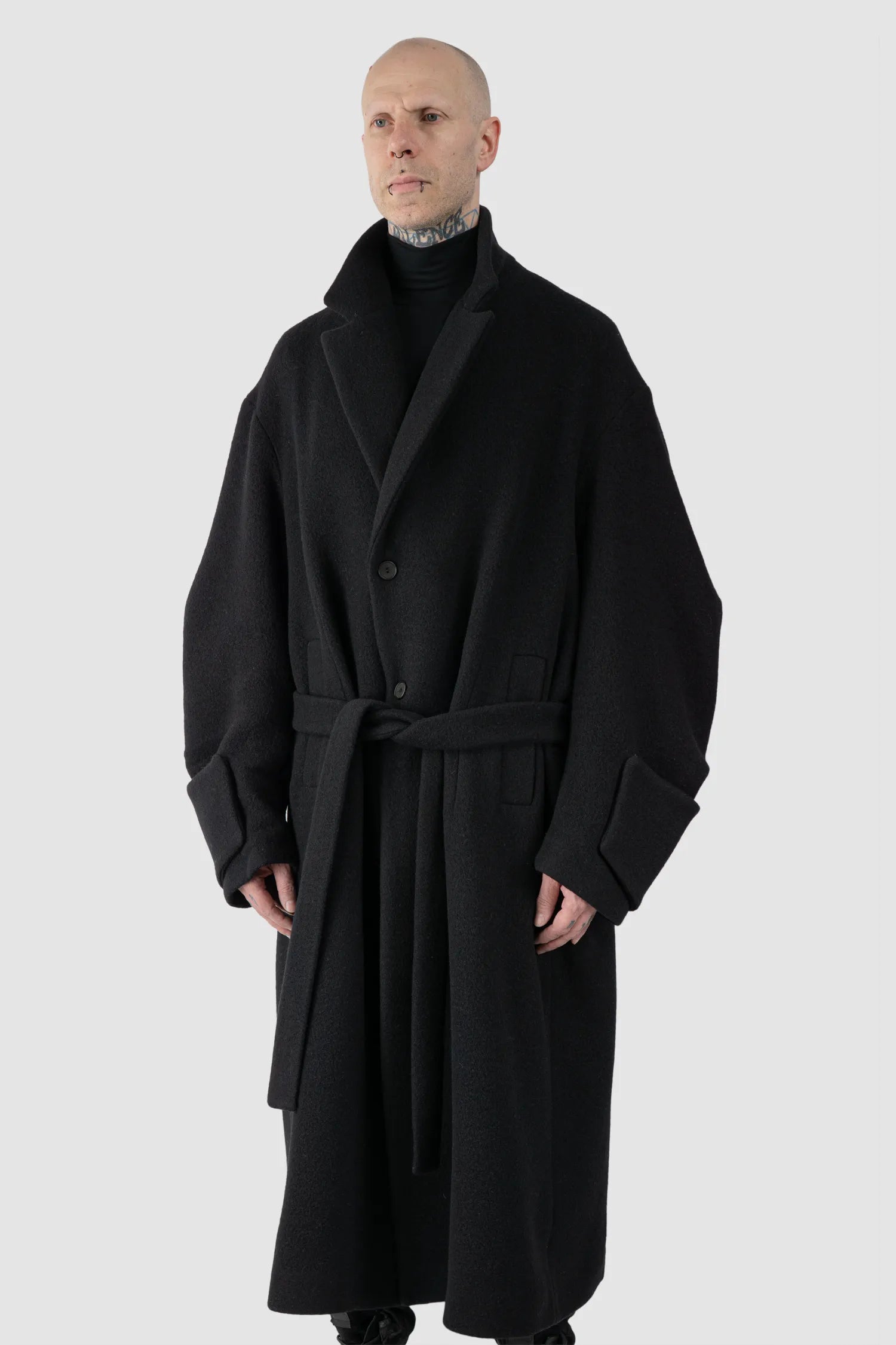La Haine Inside Us - Men's Black Jumbo Soft Wool Blend Trench Coat - model front side view - MONO-KROM | Gallery