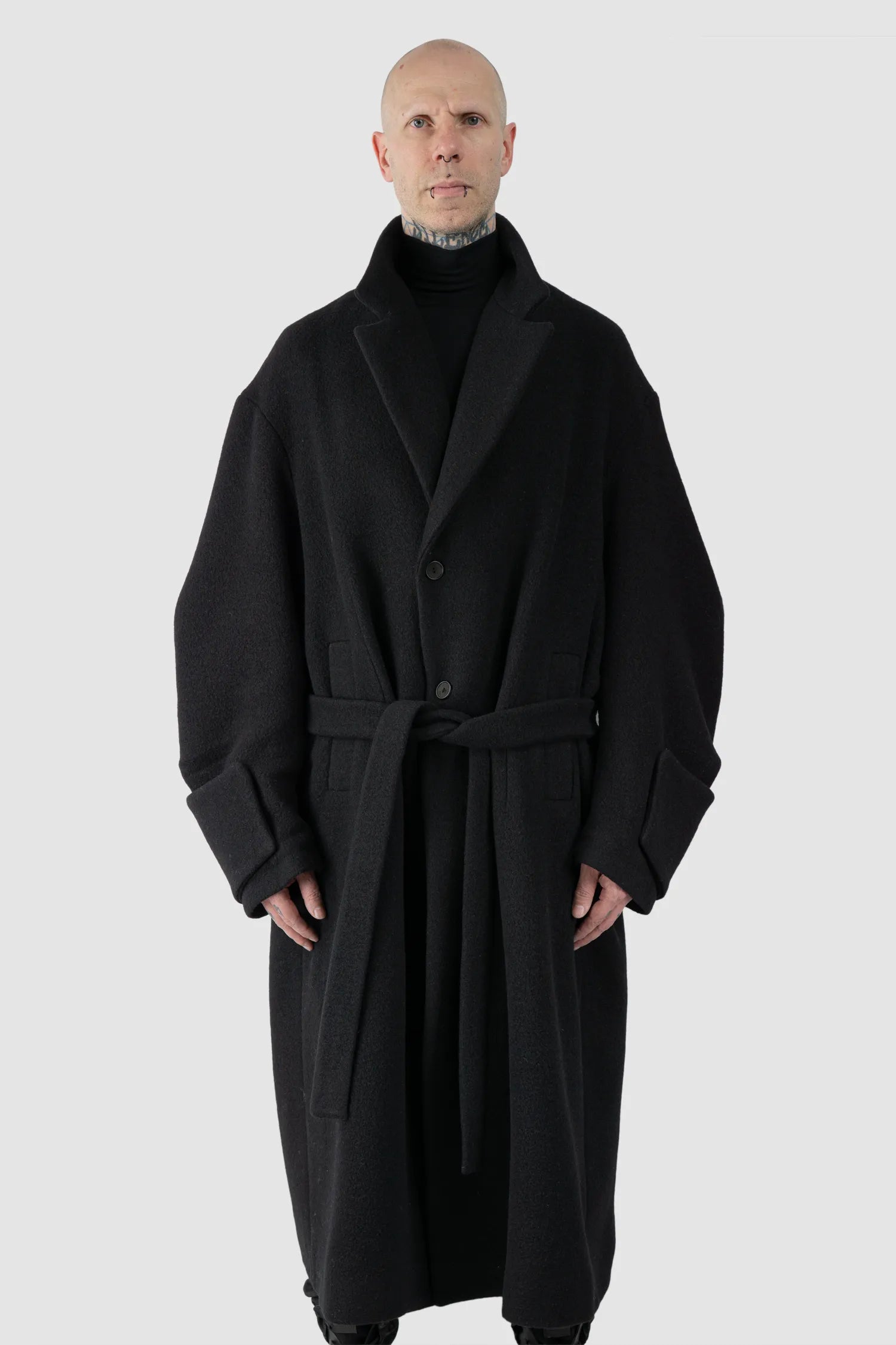 La Haine Inside Us - Men's Black Jumbo Soft Wool Blend Trench Coat - model front view - MONO-KROM | Gallery