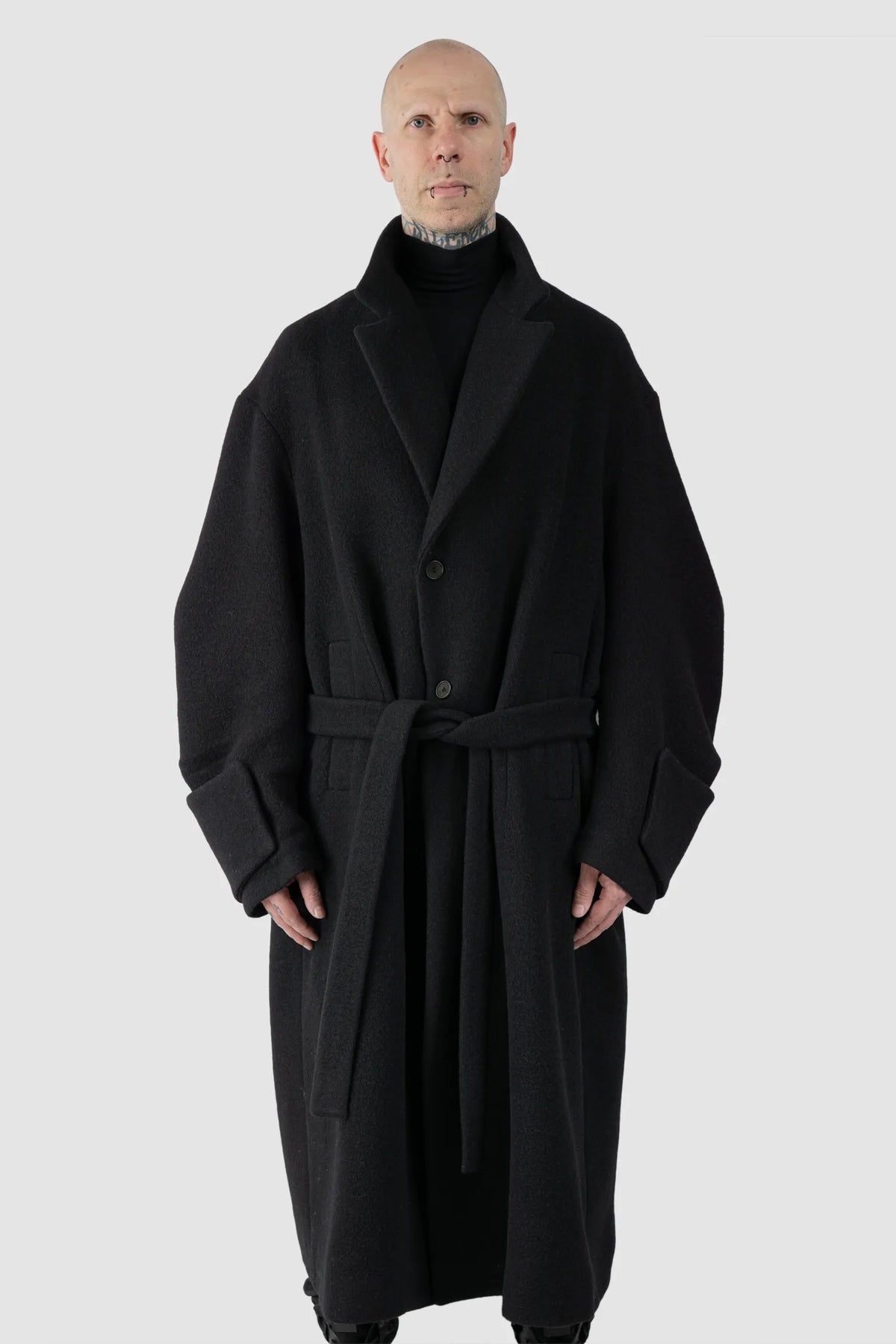 La Haine Inside Us - Men's Black Jumbo Soft Wool Blend Trench Coat - model front view - MONO-KROM | Gallery