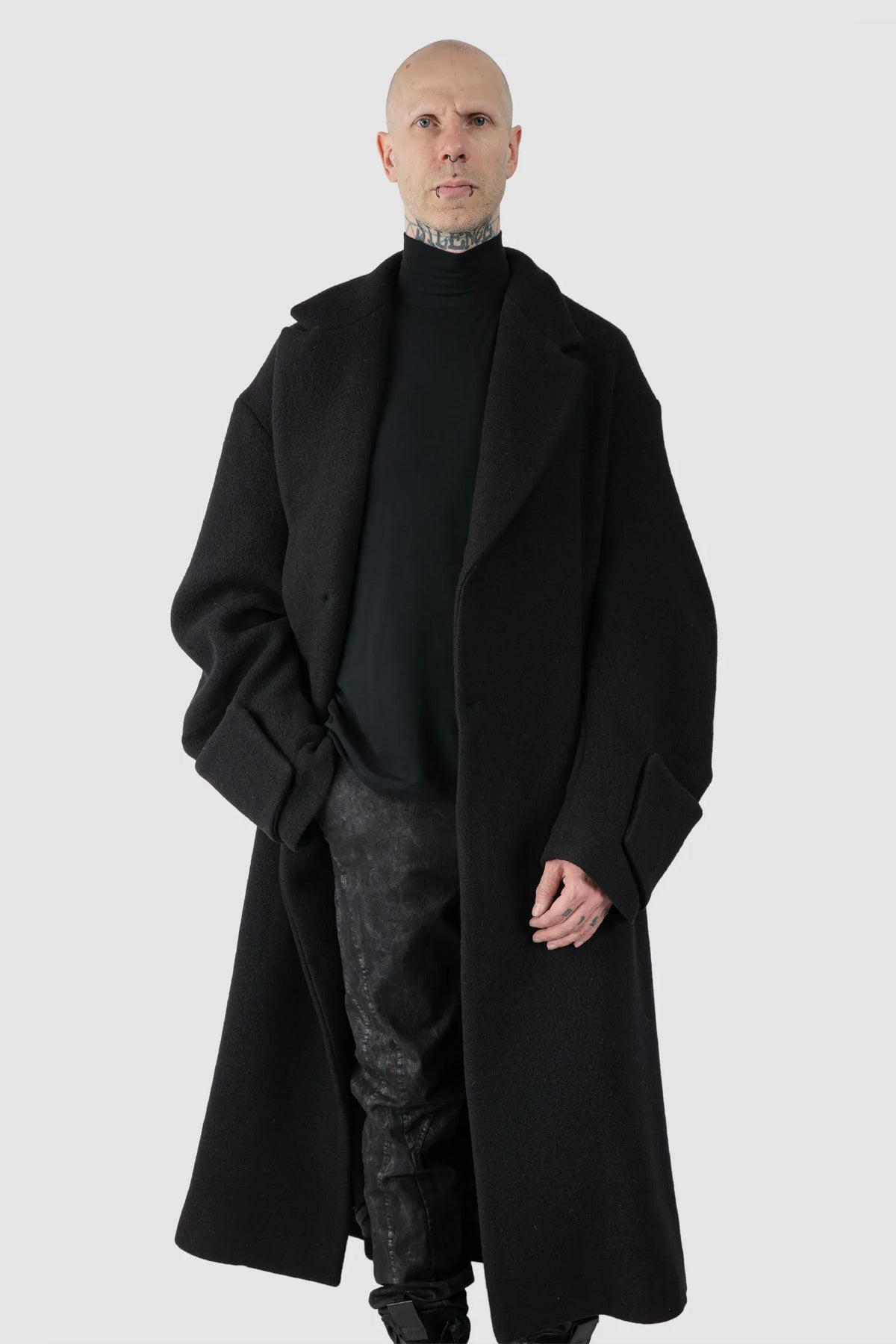 La Haine Inside Us - Men's Black Jumbo Soft Wool Blend Trench Coat - model relaxed open view