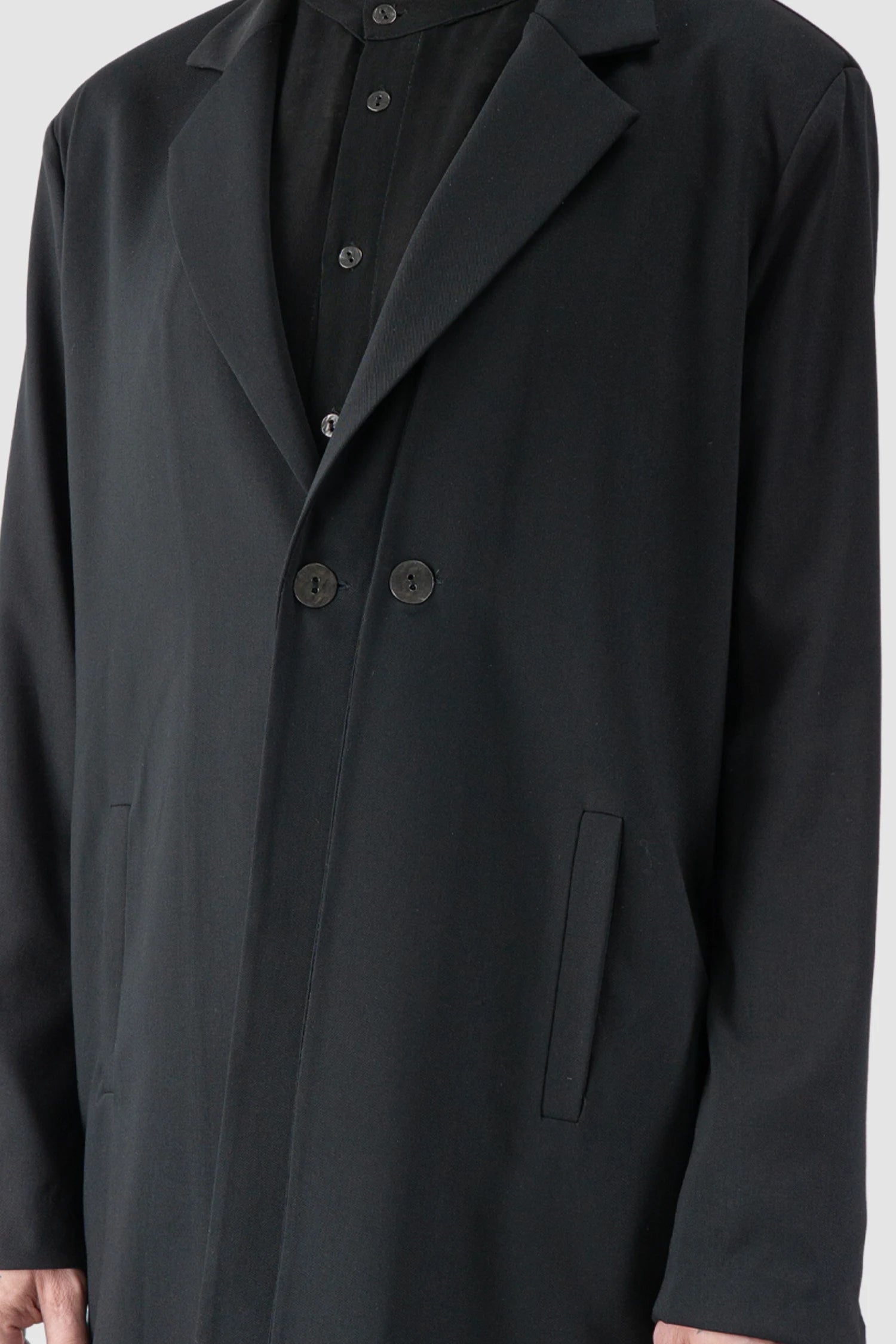 La Haine Inside Us - front detail view of men’s Black Long Fluid Blazer Jacket