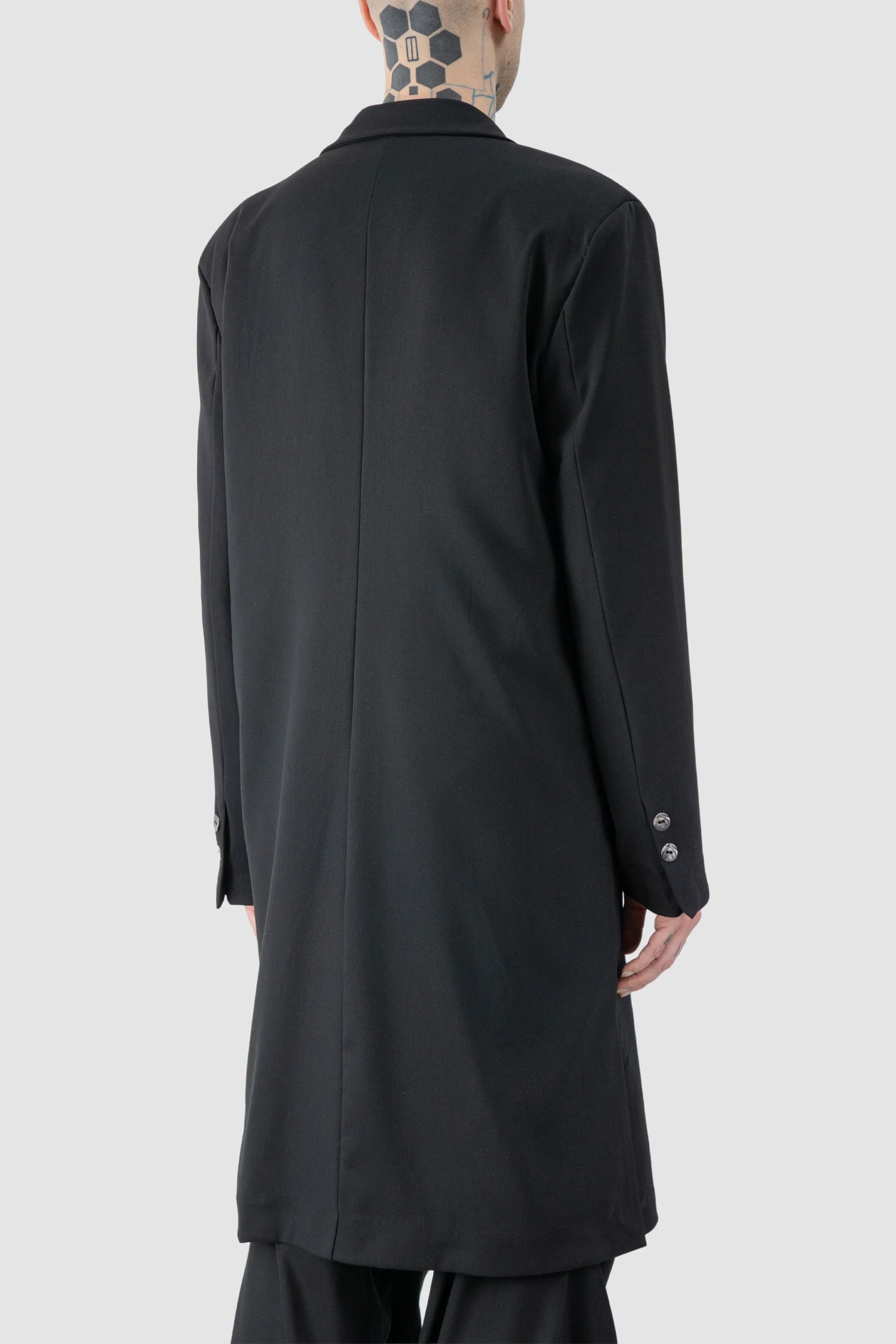 La Haine Inside Us - model back side view of men’s Black Long Fluid Blazer Jacket