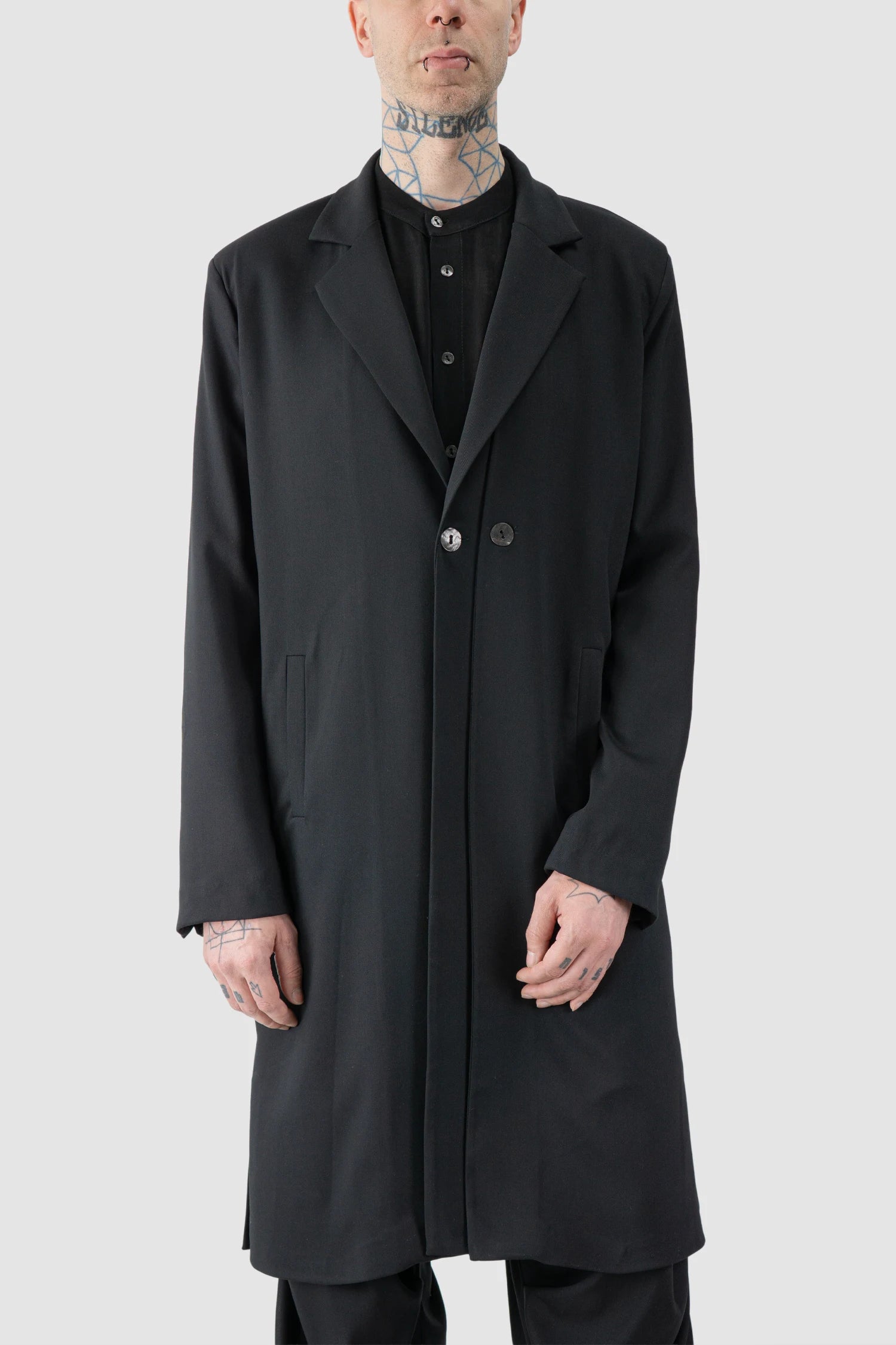 La Haine Inside Us - model front relaxed view of men’s Black Long Fluid Blazer Jacket