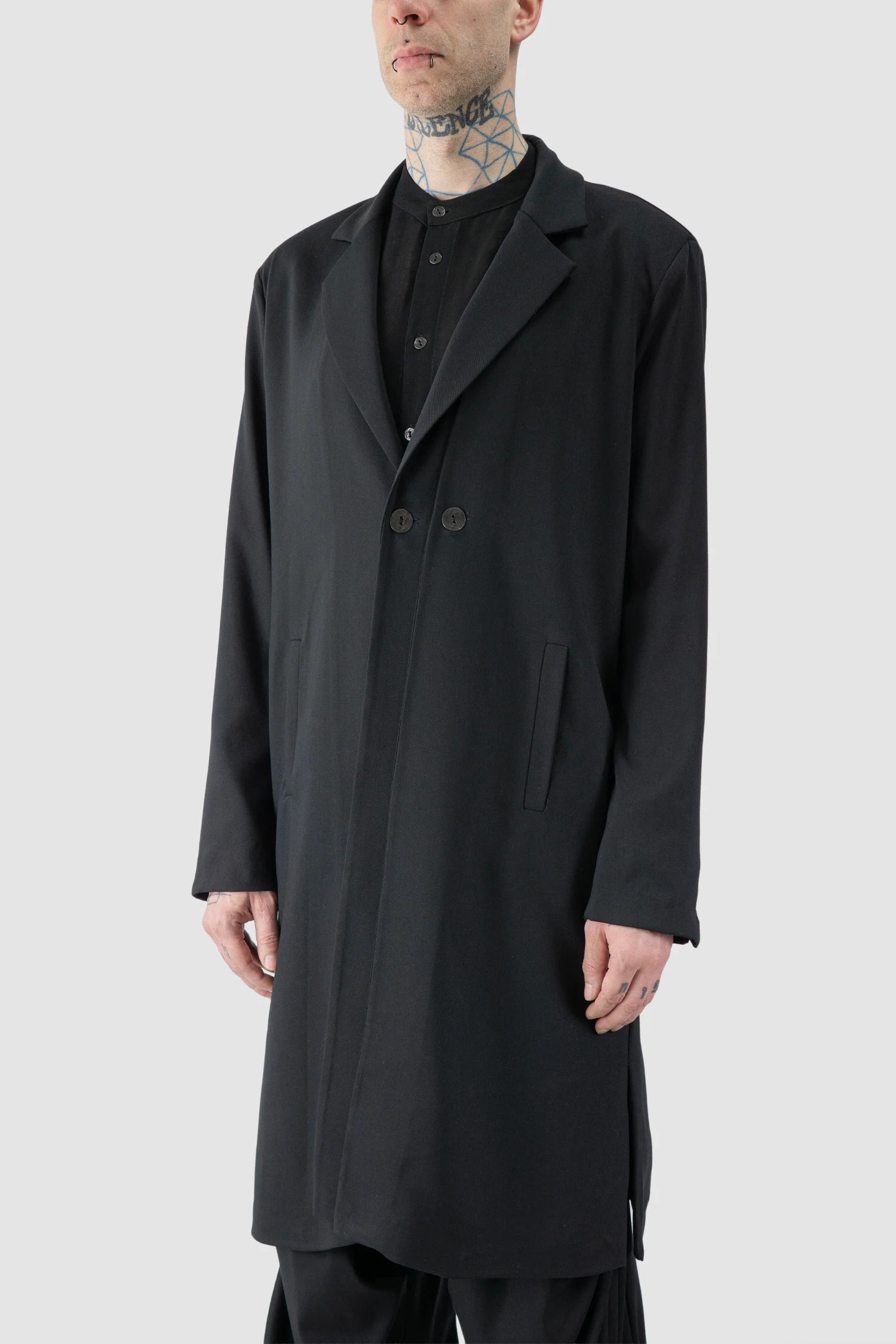 La Haine Inside Us - model front side view of men’s Black Long Fluid Blazer Jacket