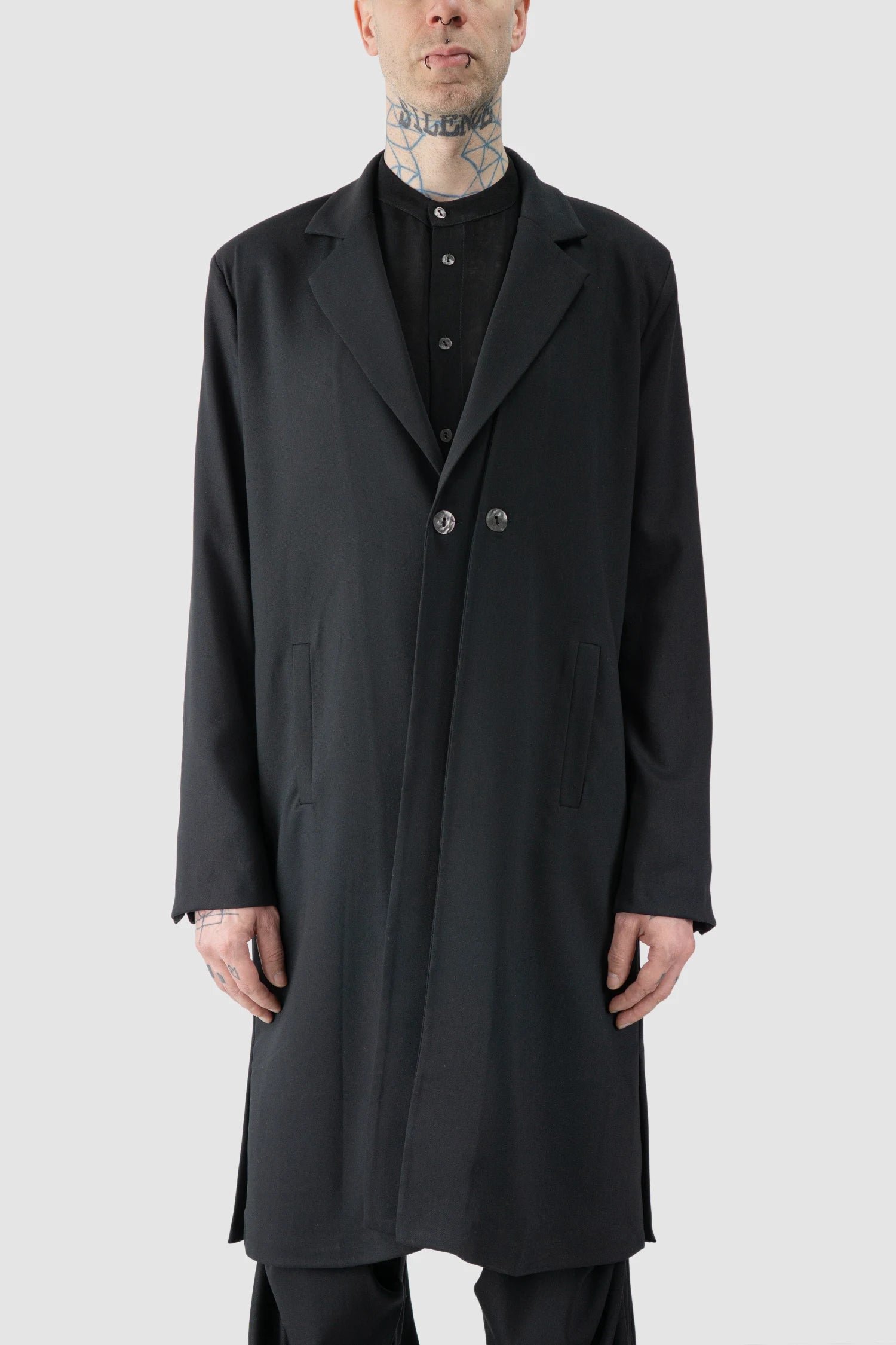 La Haine Inside Us - model front view of men’s Black Long Fluid Blazer Jacket