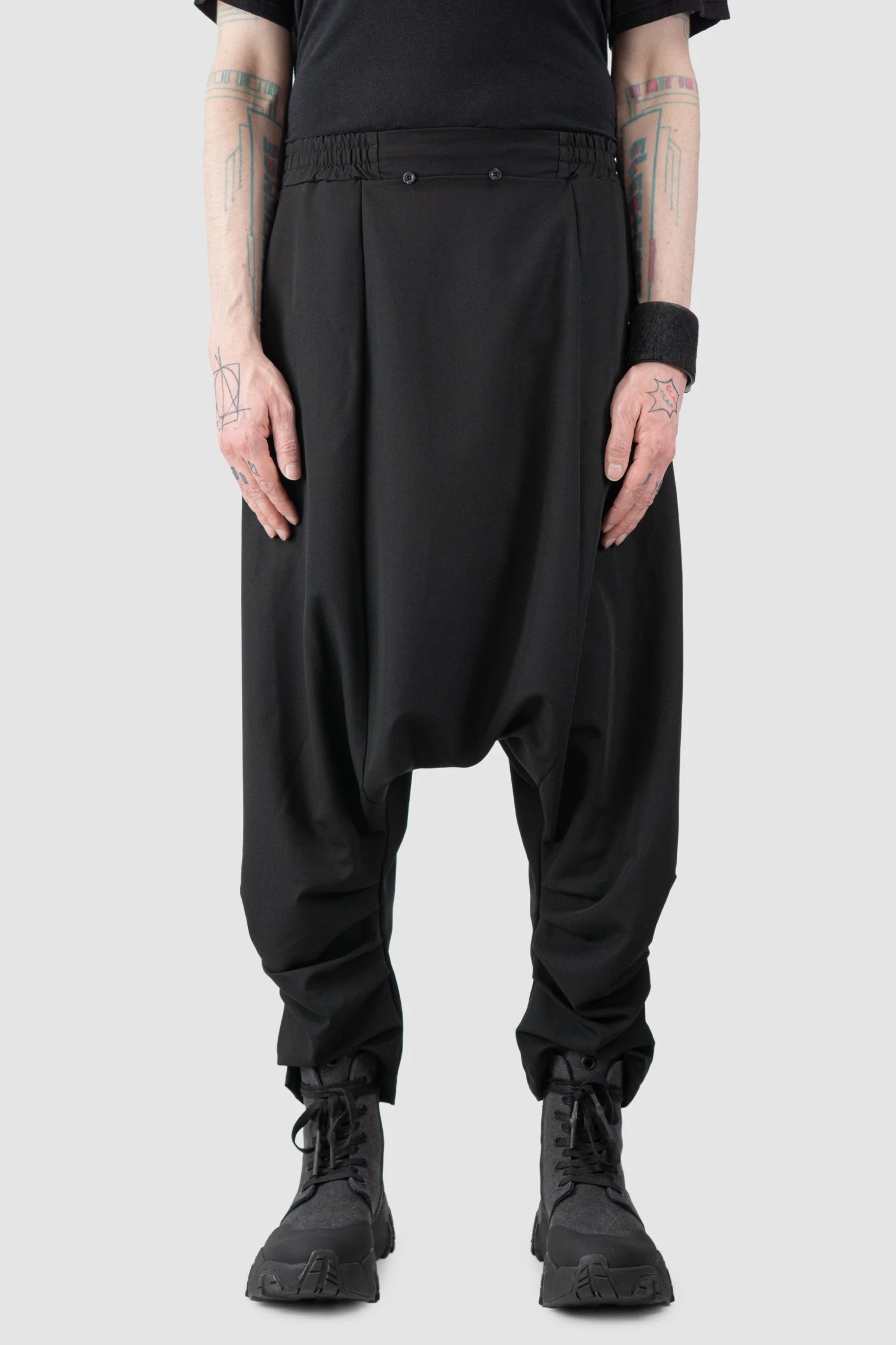 La Haine Inside Us - Men’s Black Low Crotch Trousers with Detachable Skirt model front without skirt view