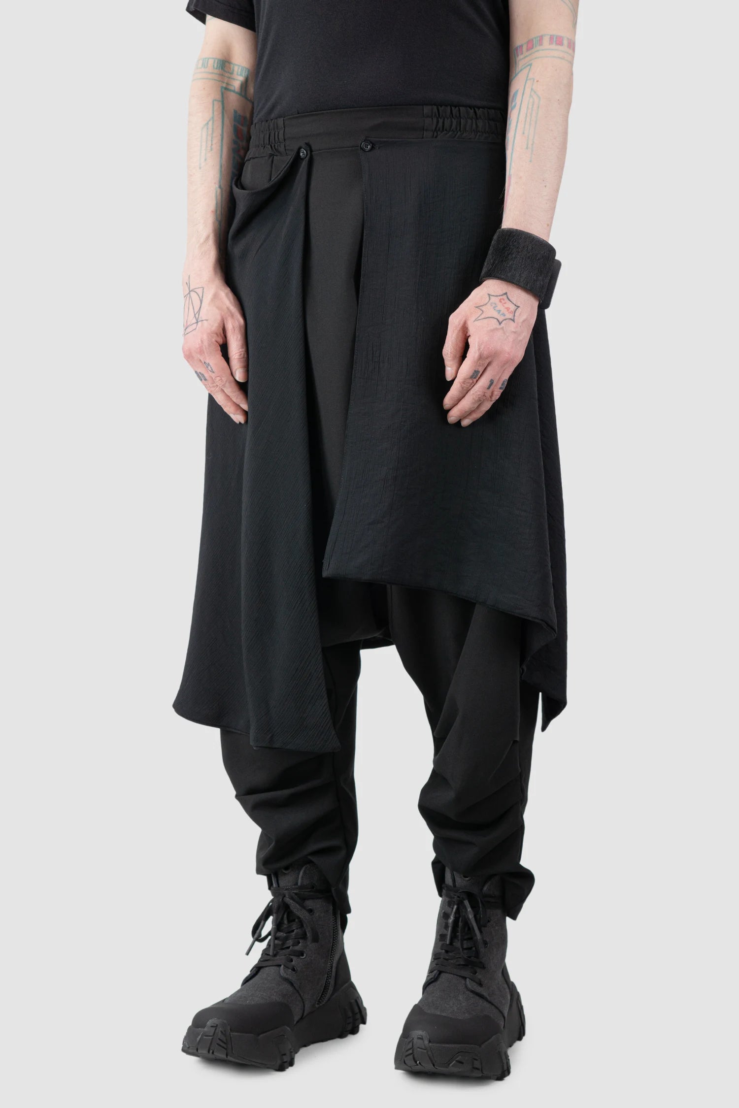 La Haine Inside Us - Men’s Black Low Crotch Trousers with Detachable Skirt model side view