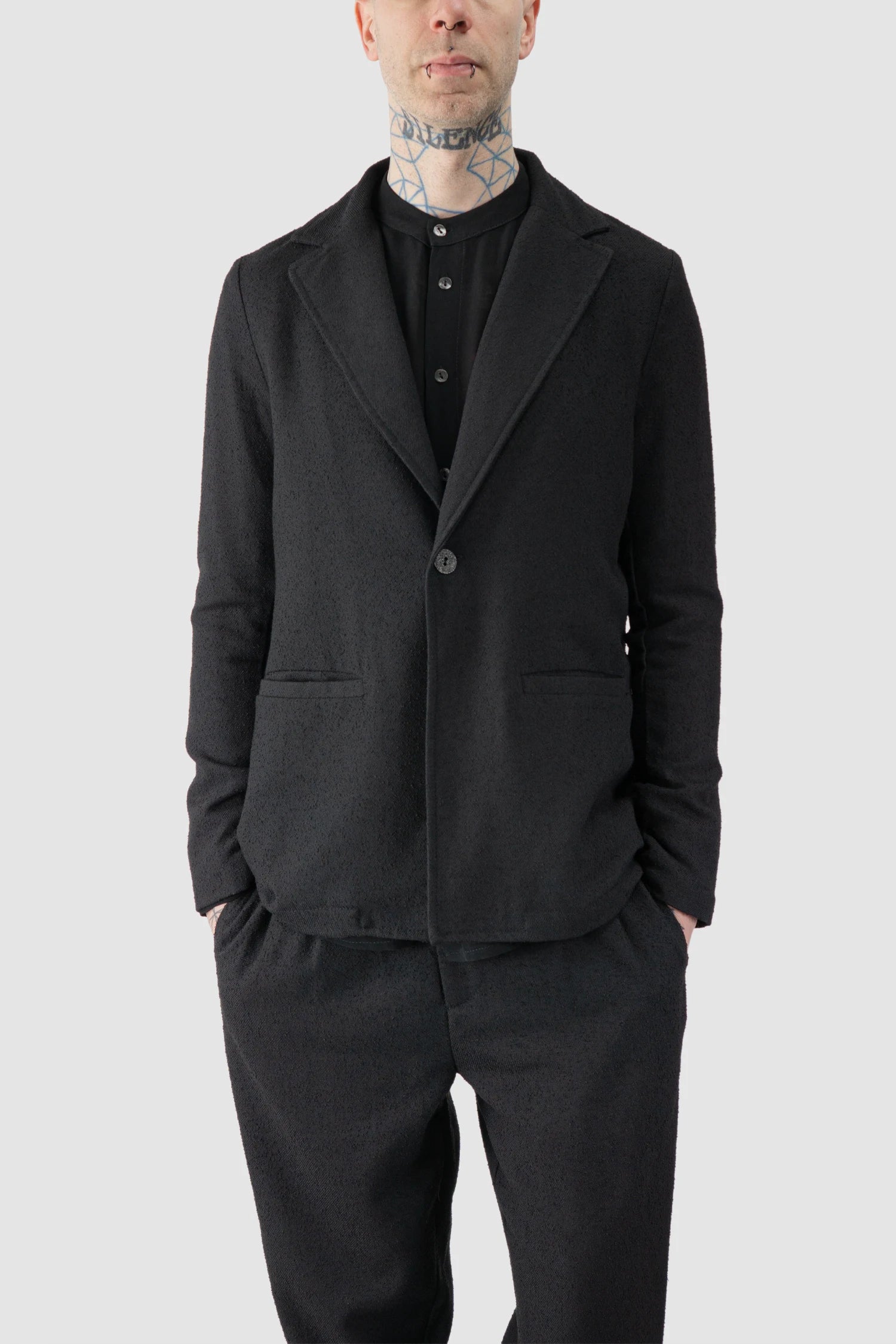 La Haine Inside Us - model front relaxed view of men’s Black Single Button Soft Blazer