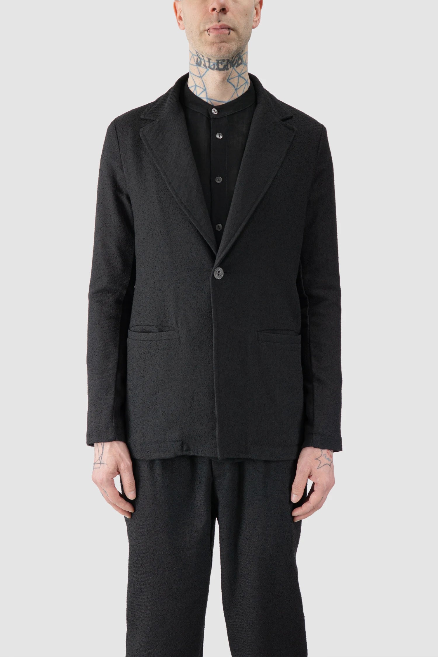 La Haine Inside Us - model front view of men’s Black Single Button Soft Blazer