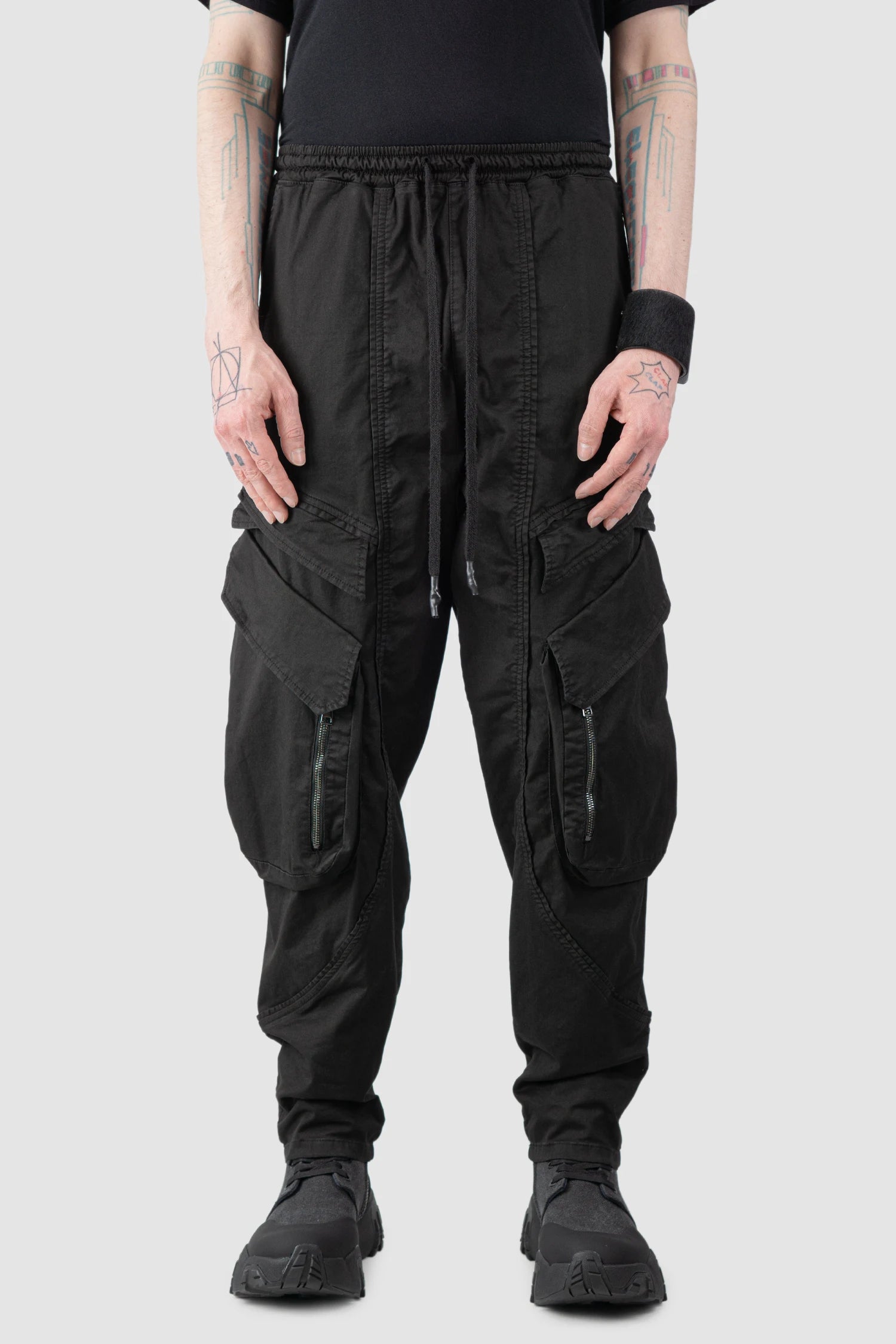 La Haine Inside Us - Men’s Black Stretch Denim Cargo Trousers model front view