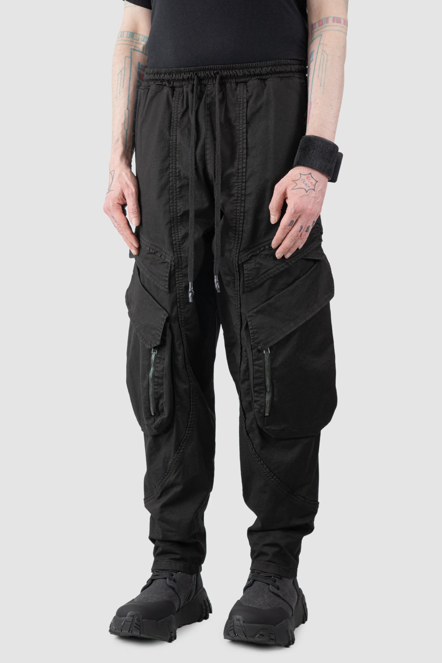 La Haine Inside Us - Men’s Black Stretch Denim Cargo Trousers model side view