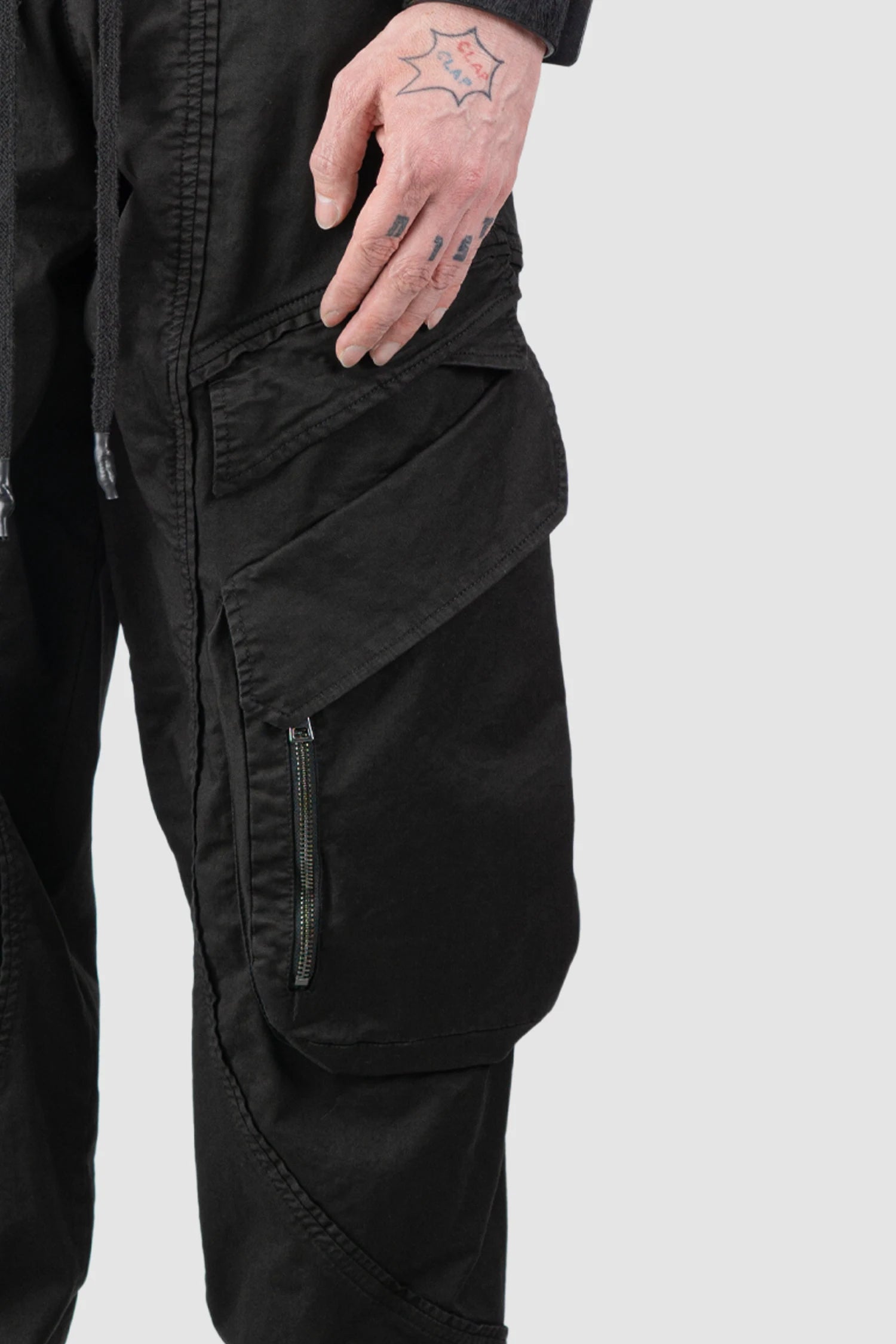 La Haine Inside Us - Men’s Black Stretch Denim Cargo Trousers pocket detail view