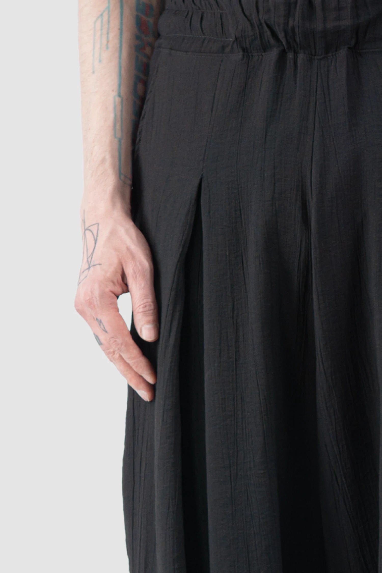 La Haine Inside Us - Men’s Black Viscose Blend Front Slit Wide Trousers model front detail view