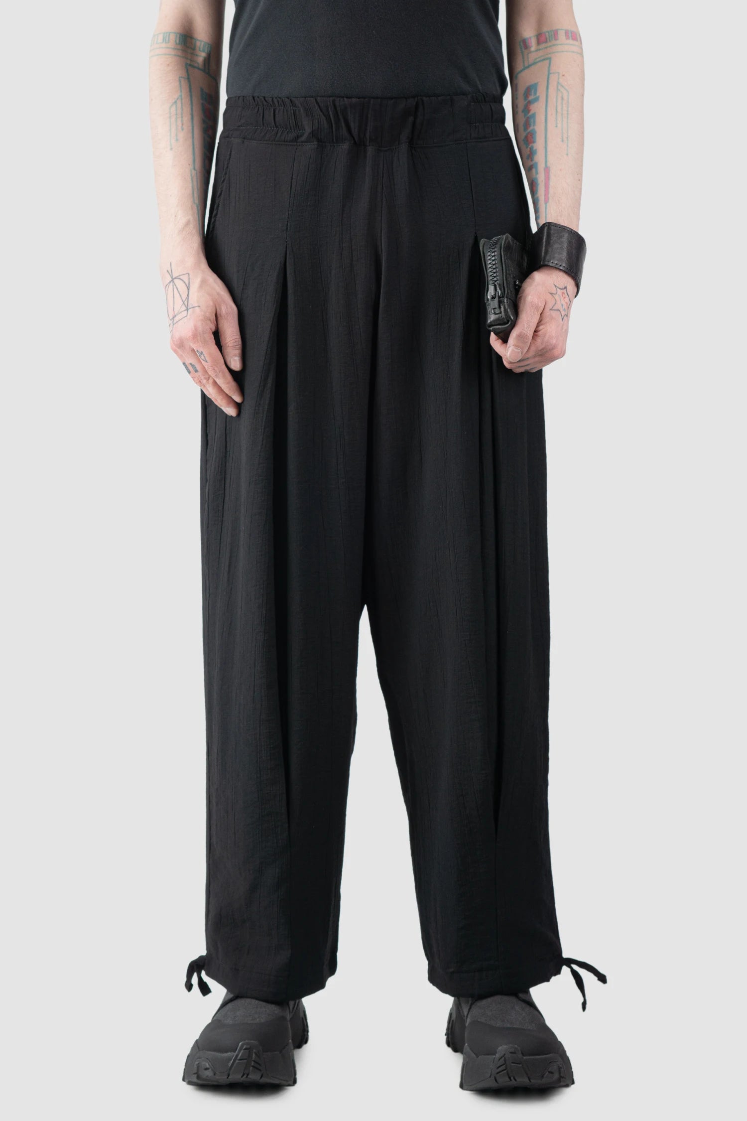 La Haine Inside Us - Men’s Black Viscose Blend Front Slit Wide Trousers model front wide view
