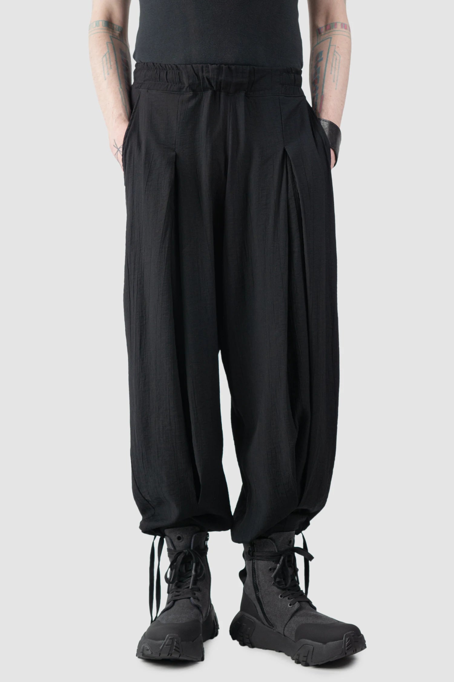 La Haine Inside Us - Men’s Black Viscose Blend Front Slit Wide Trousers model relaxed view