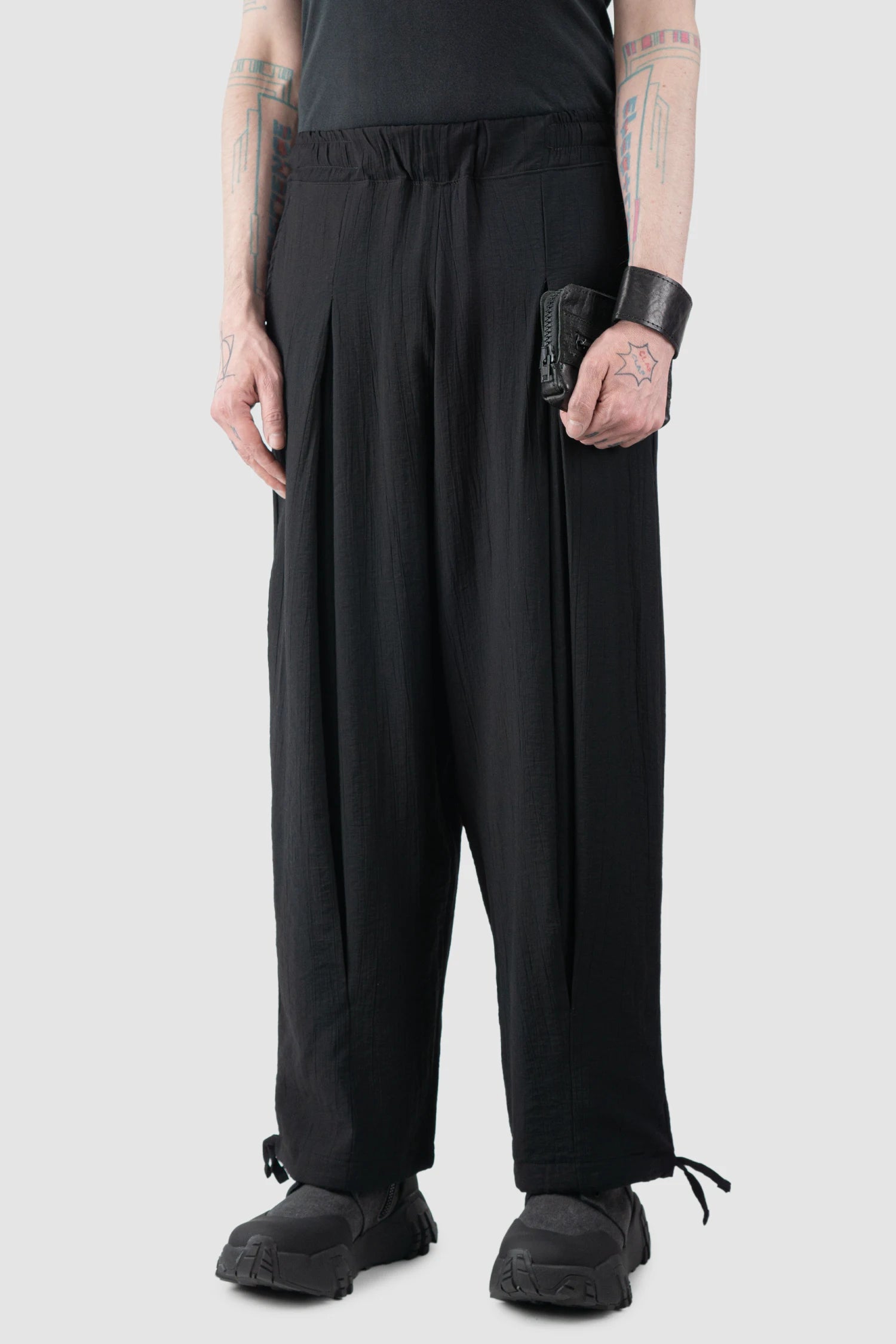 La Haine Inside Us - Men’s Black Viscose Blend Front Slit Wide Trousers model side wide view