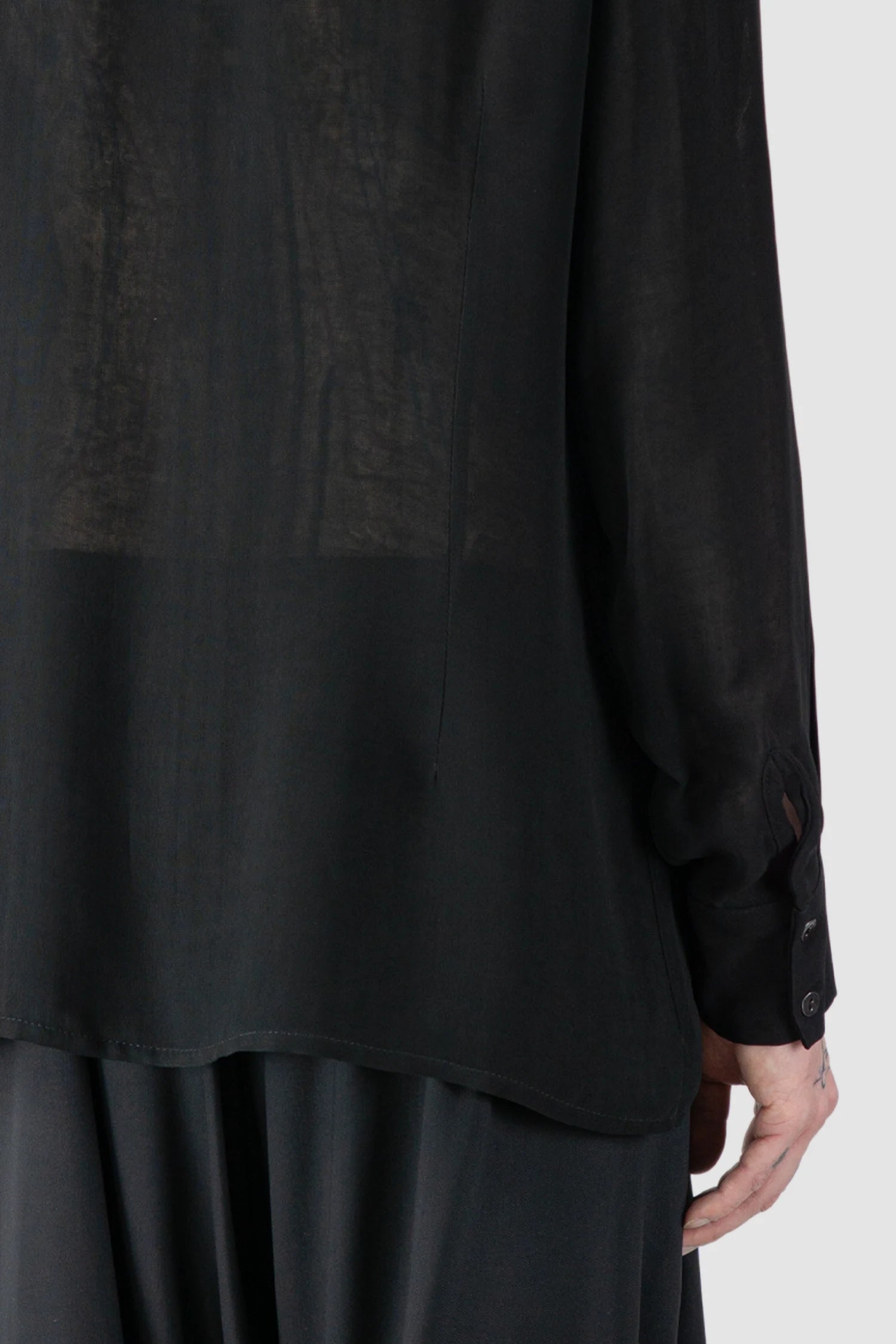 La Haine Inside Us - model back hem view of men’s Black Viscose Shirt with Mandarin Collar
