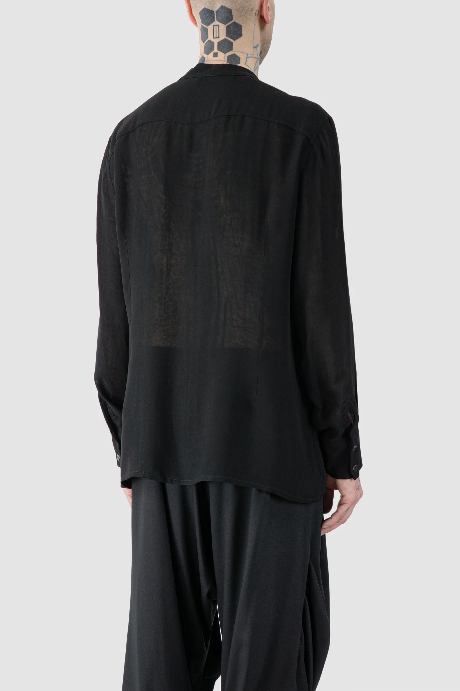La Haine Inside Us - model back side view of men’s Black Viscose Shirt with Mandarin Collar