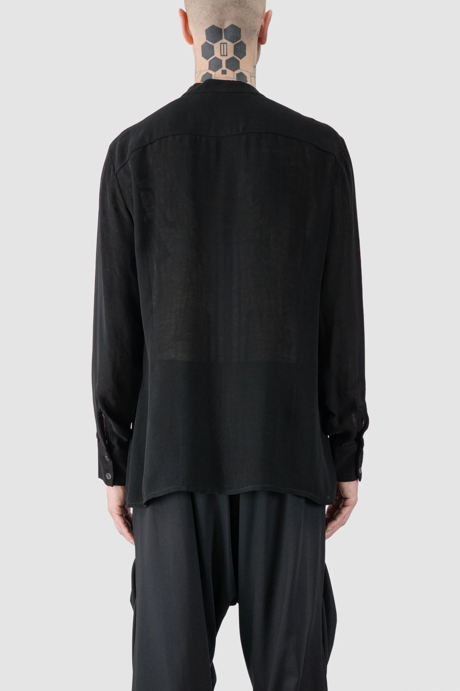 La Haine Inside Us - model back view of men’s Black Viscose Shirt with Mandarin Collar