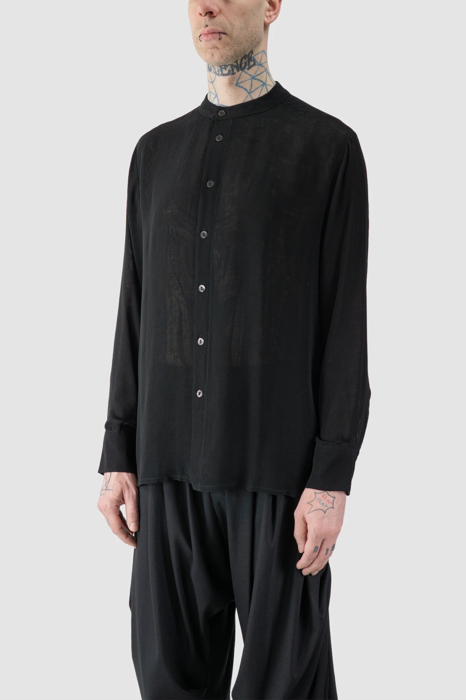 La Haine Inside Us - model front side view of men’s Black Viscose Shirt with Mandarin Collar