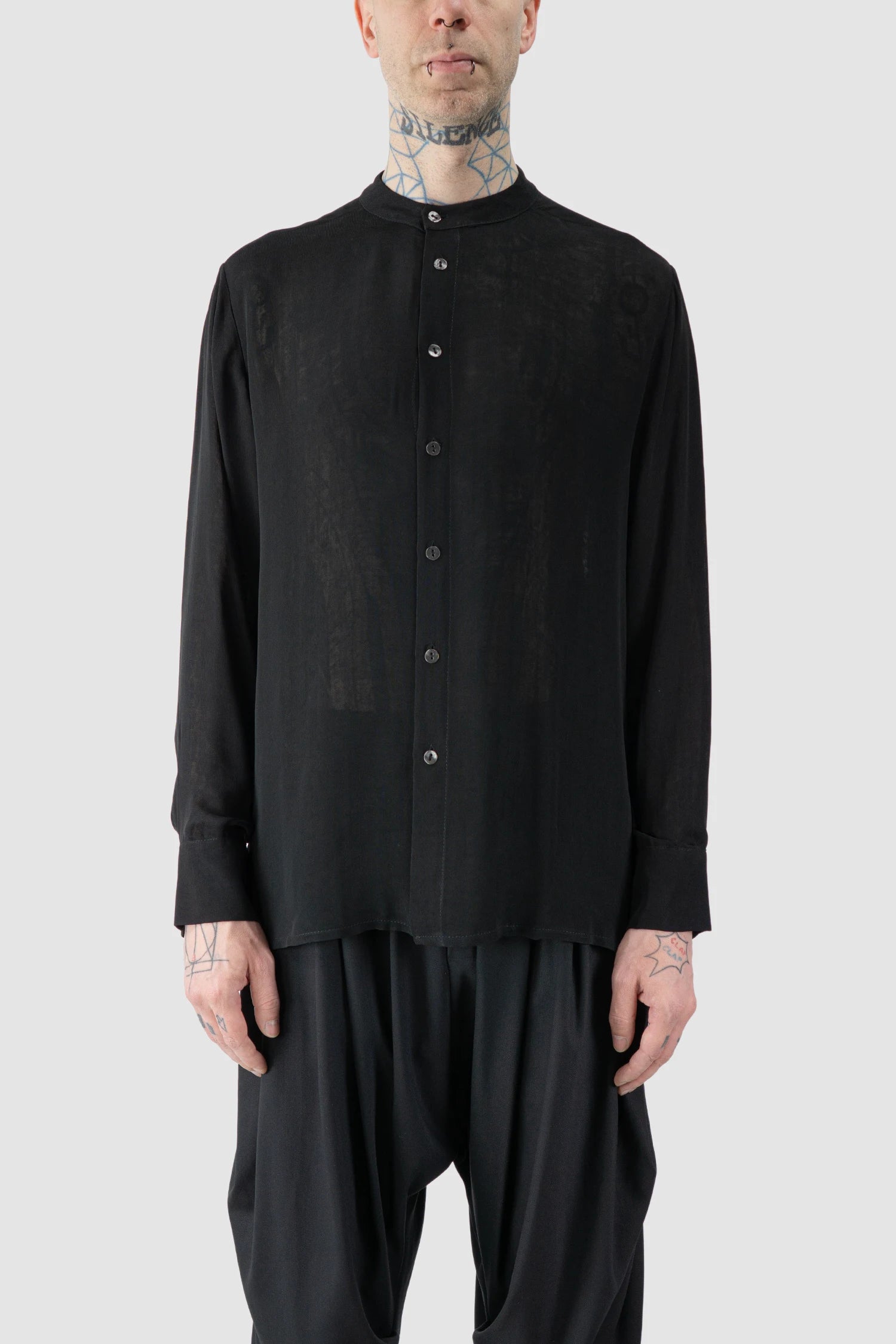 La Haine Inside Us - model front view of men’s Black Viscose Shirt with Mandarin Collar