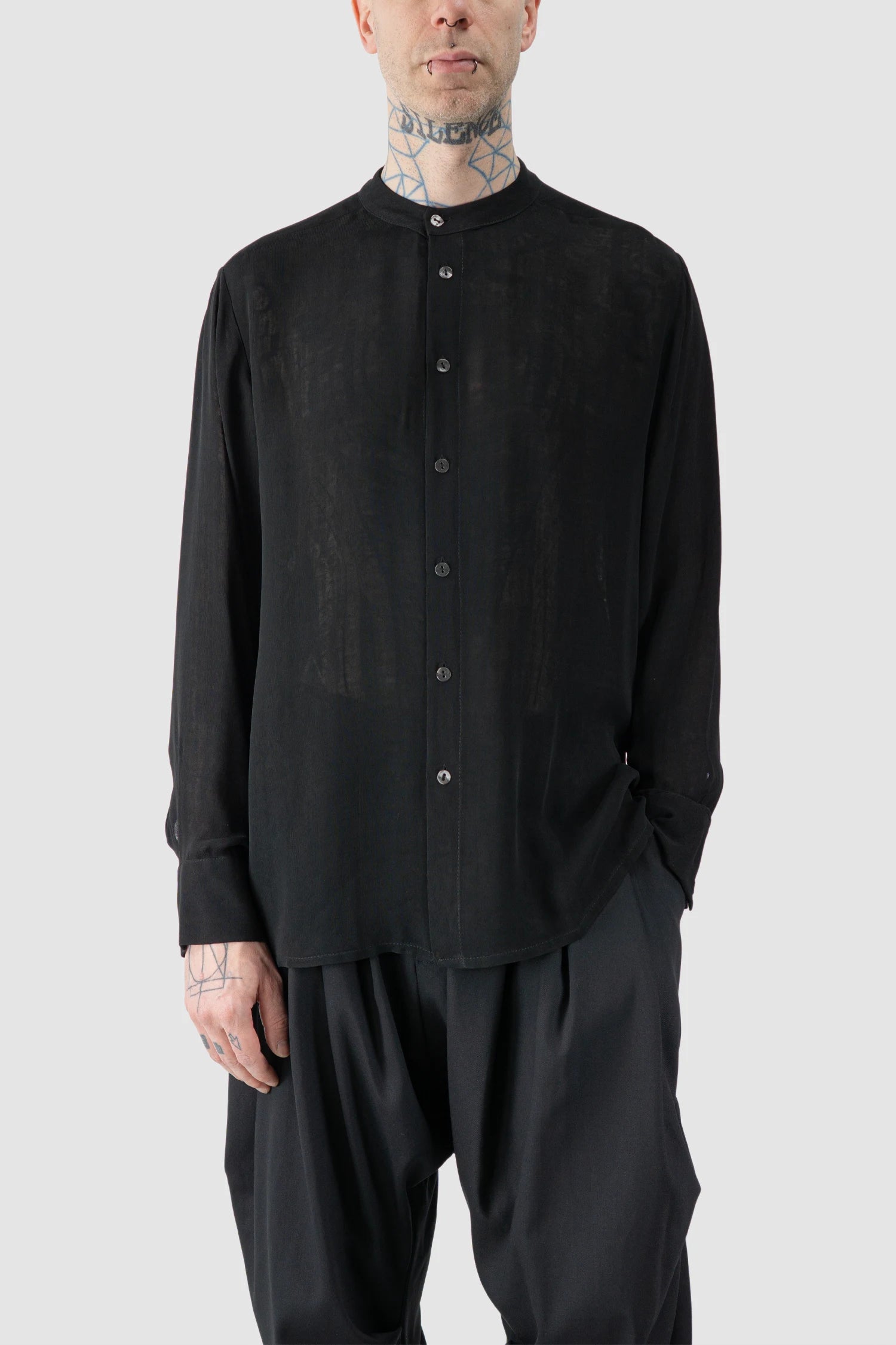 La Haine Inside Us - model front relaxed view of men’s Black Viscose Shirt with Mandarin Collar