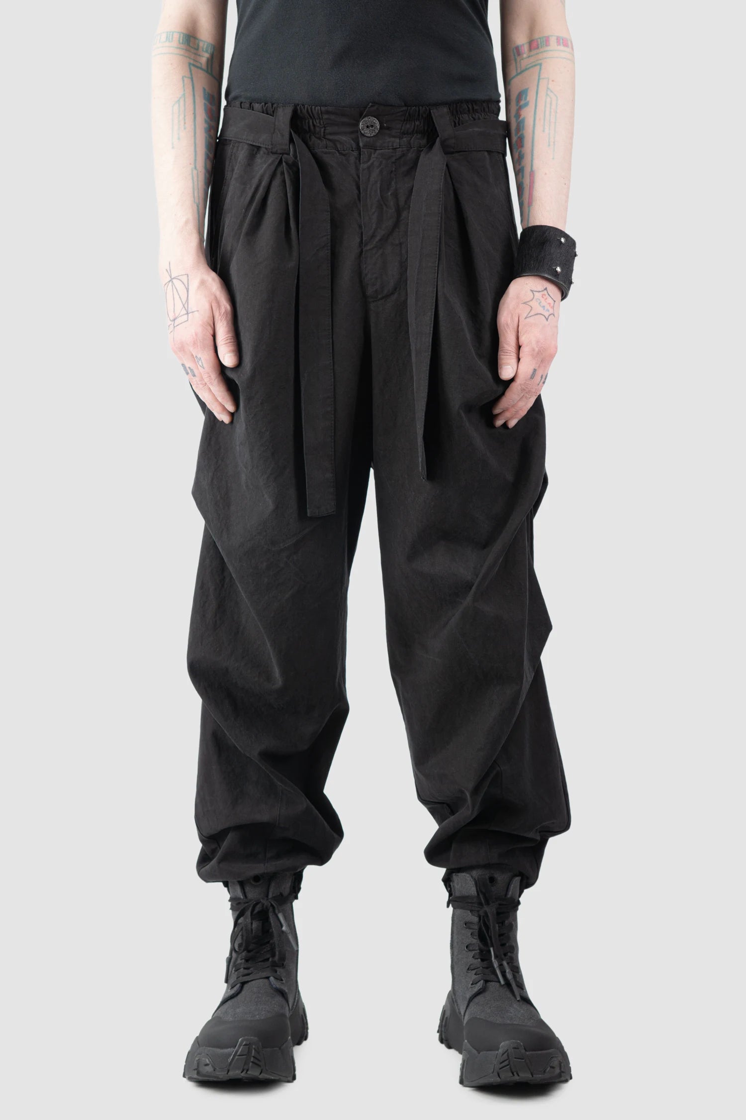 La Haine Inside Us - Men’s Black Washed Darted Cotton Lyocell Trousers model front with belt view