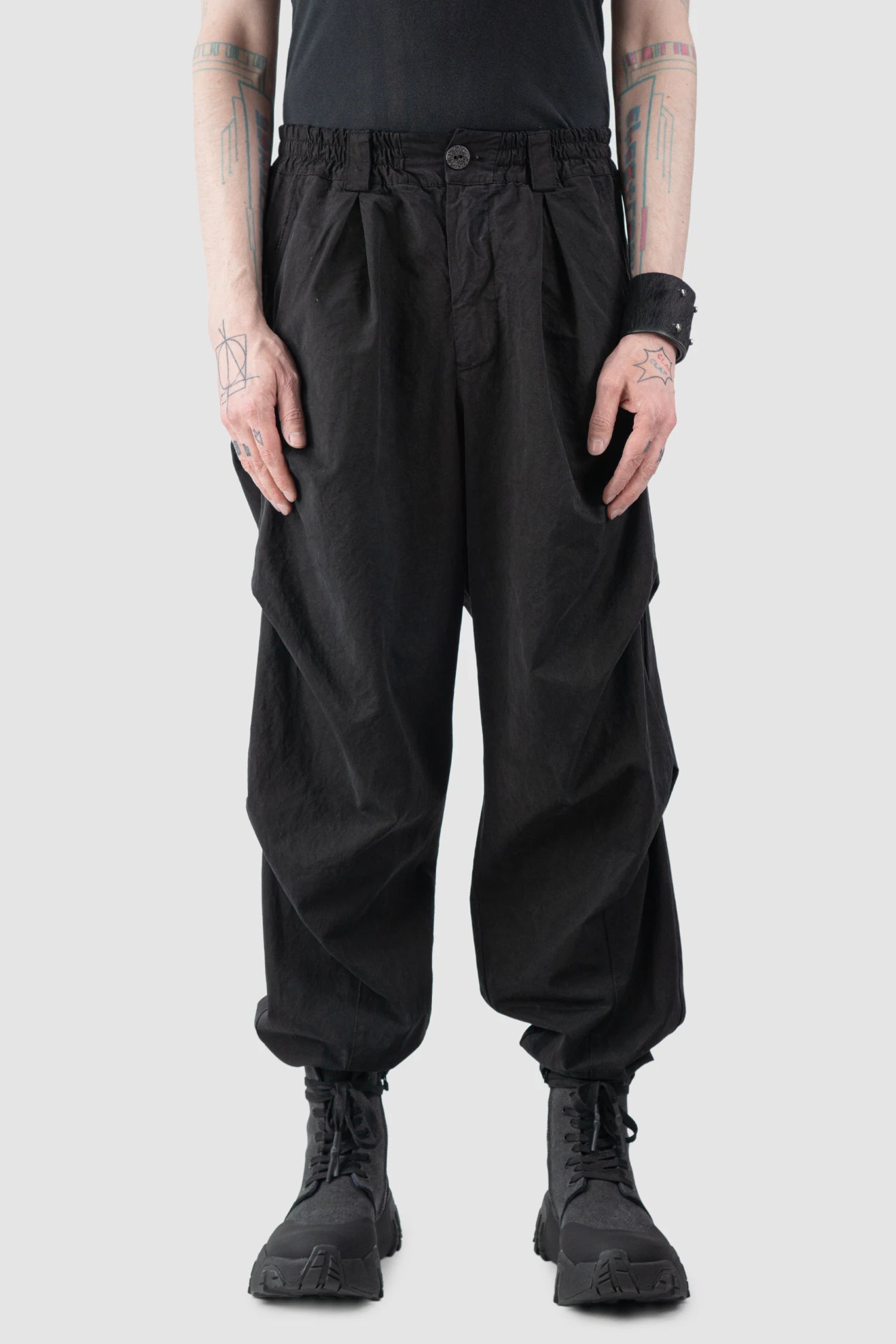 La Haine Inside Us - Men’s Black Washed Darted Cotton Lyocell Trousers model front view