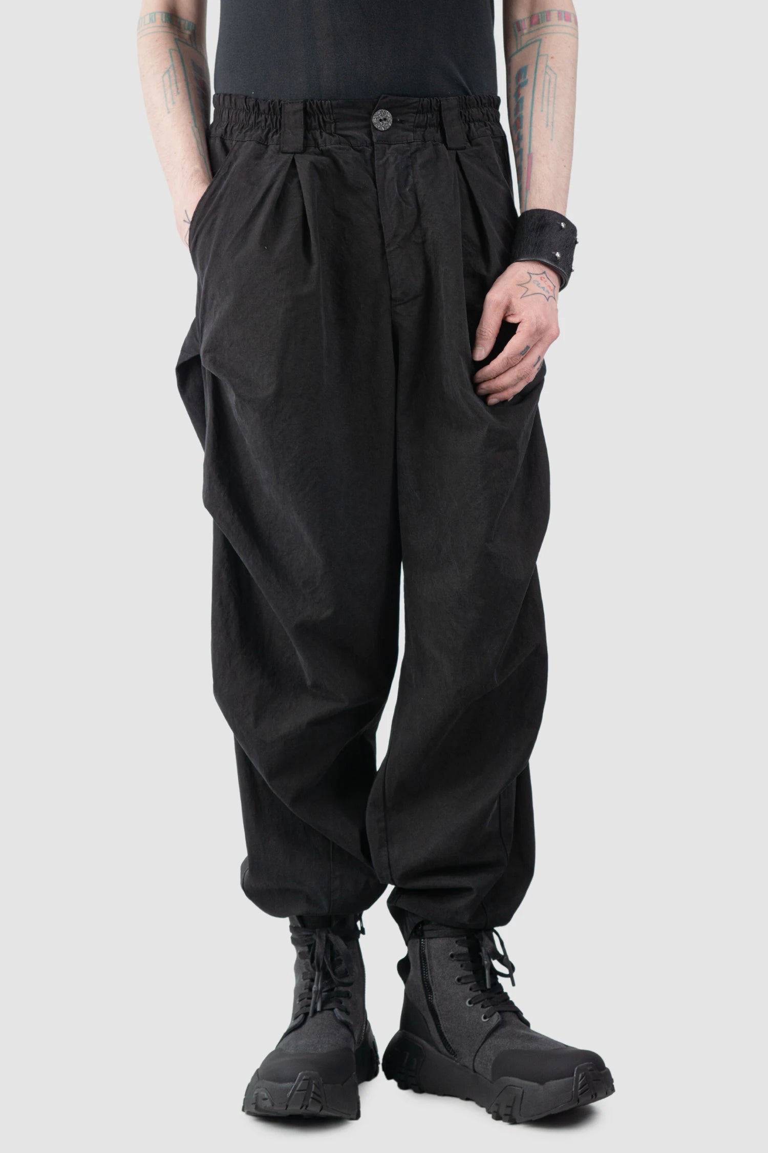 La Haine Inside Us - Men’s Black Washed Darted Cotton Lyocell Trousers model relaxed view