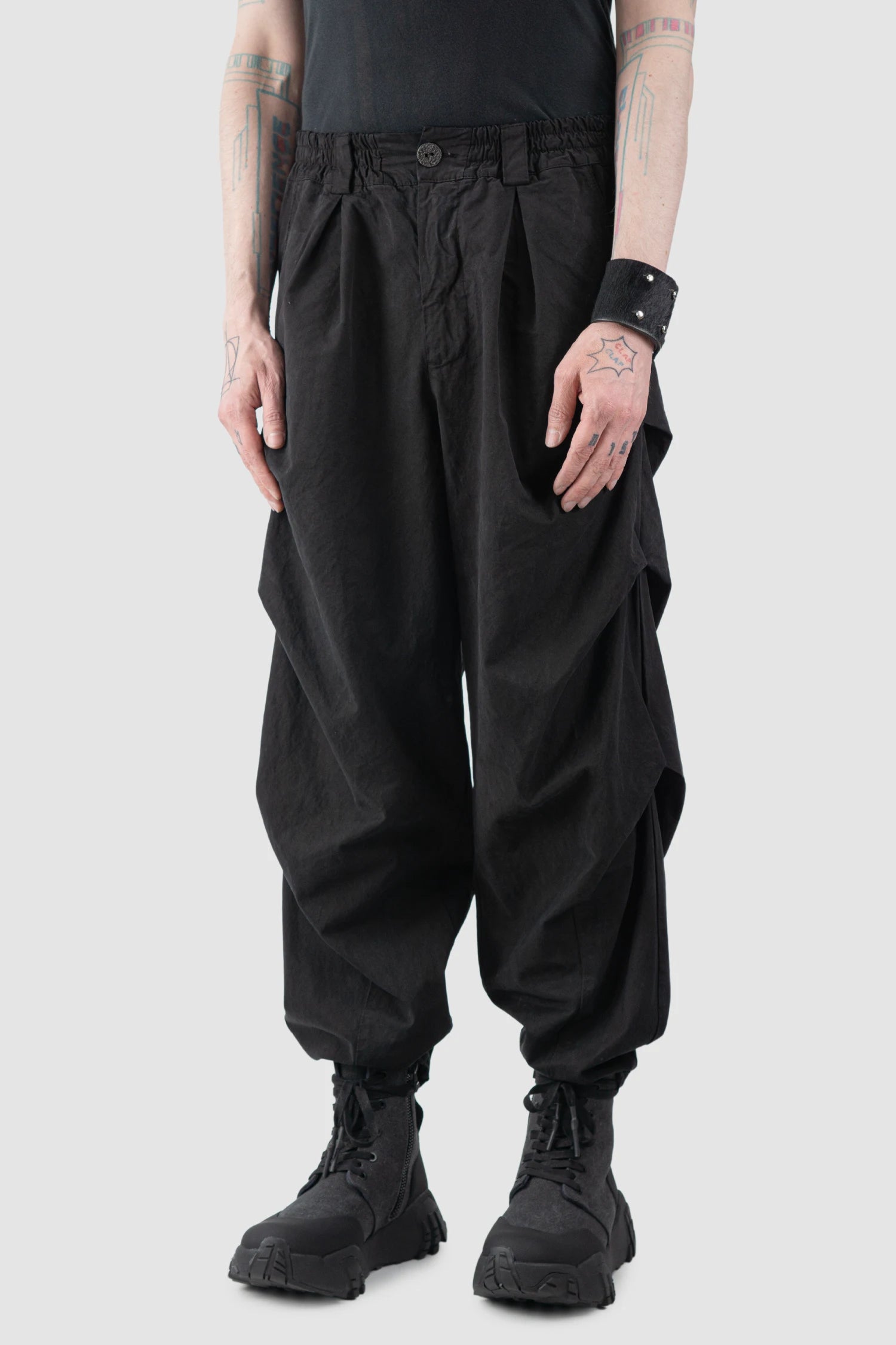 La Haine Inside Us - Men’s Black Washed Darted Cotton Lyocell Trousers model side view