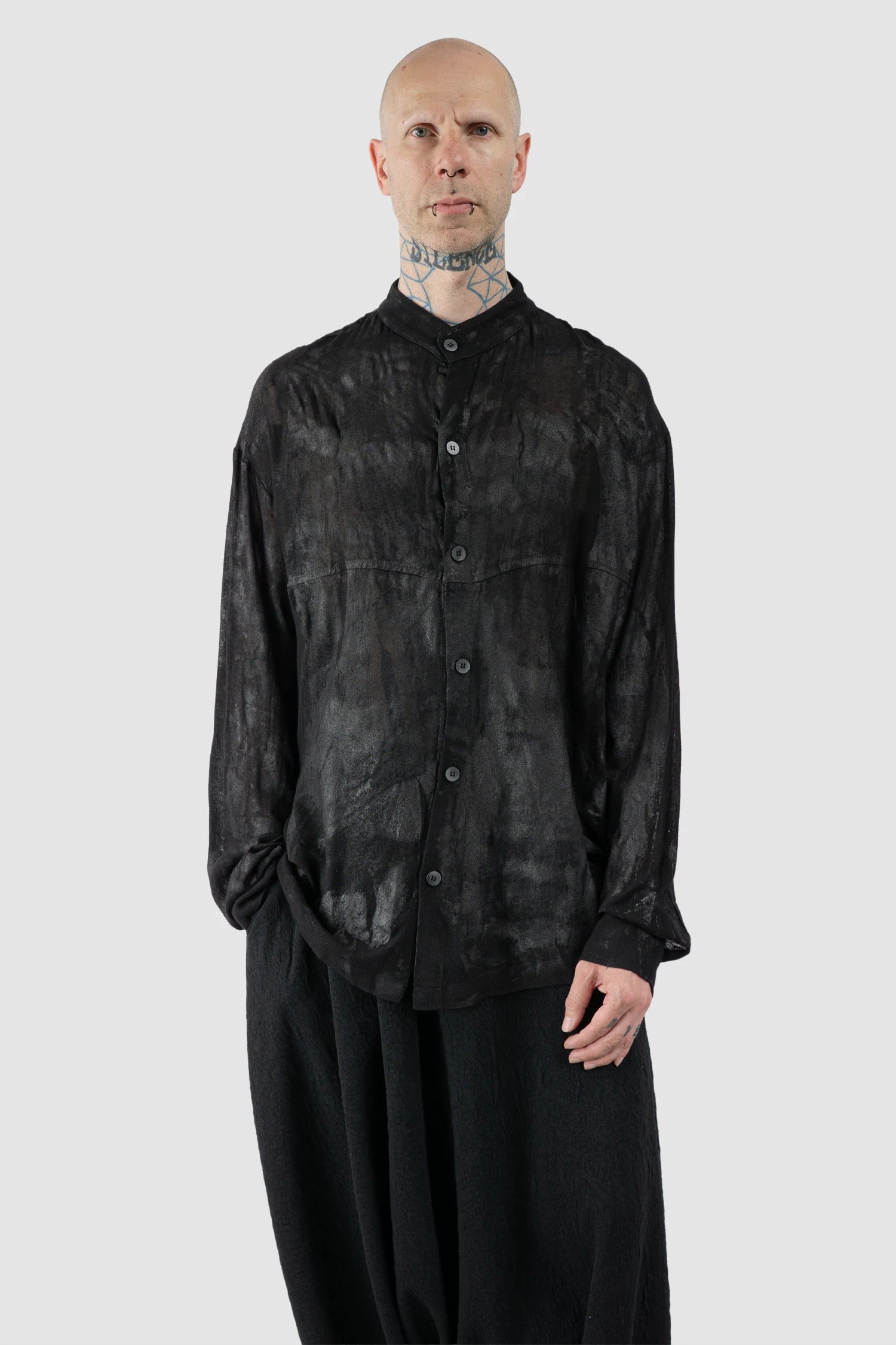 La Haine Inside Us - Men's Black Waxed Mandarin Collar Viscose Shirt - model relaxed view