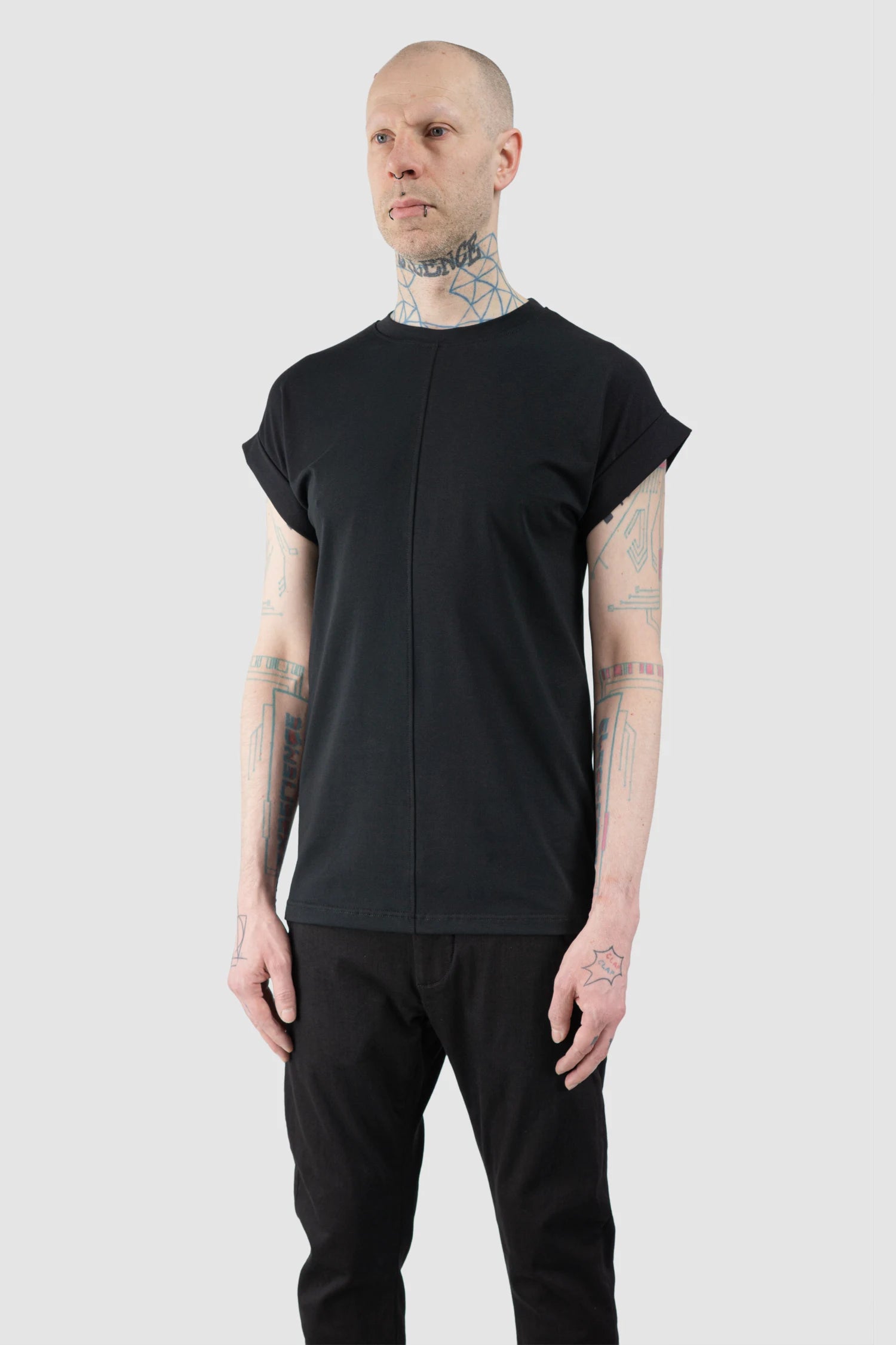 La Haine Inside Us  - Men’s Black Front Seam Elastic Cotton T-Shirt model front side view