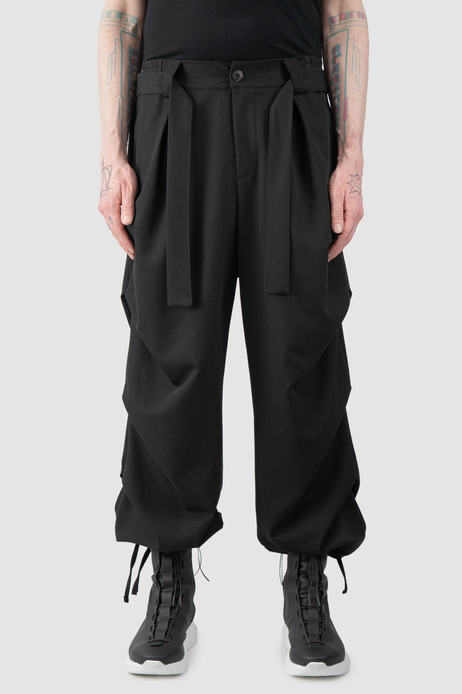 La Haine Inside Us  - Men’s Black Guttered Fluid Stretch Trousers model front view